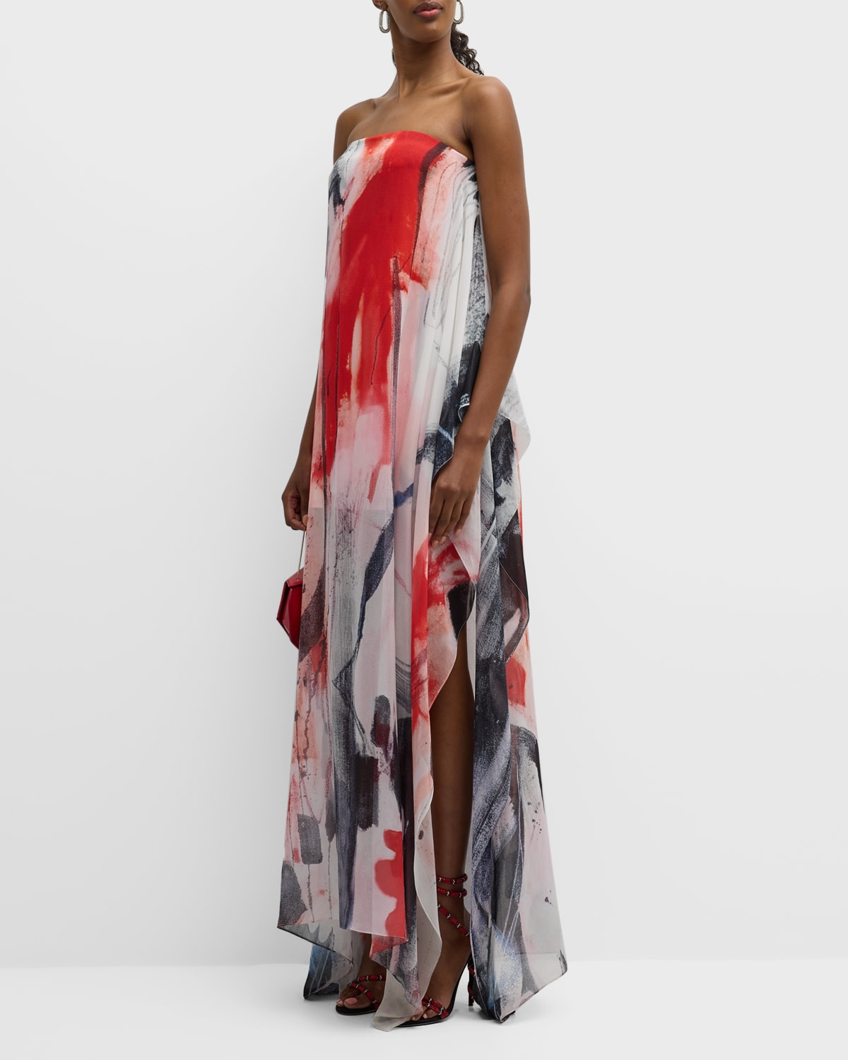 Shop Koltson Strapless Brushstroke-print Chiffon Overlay Slit-hem Gown In Red Abstract