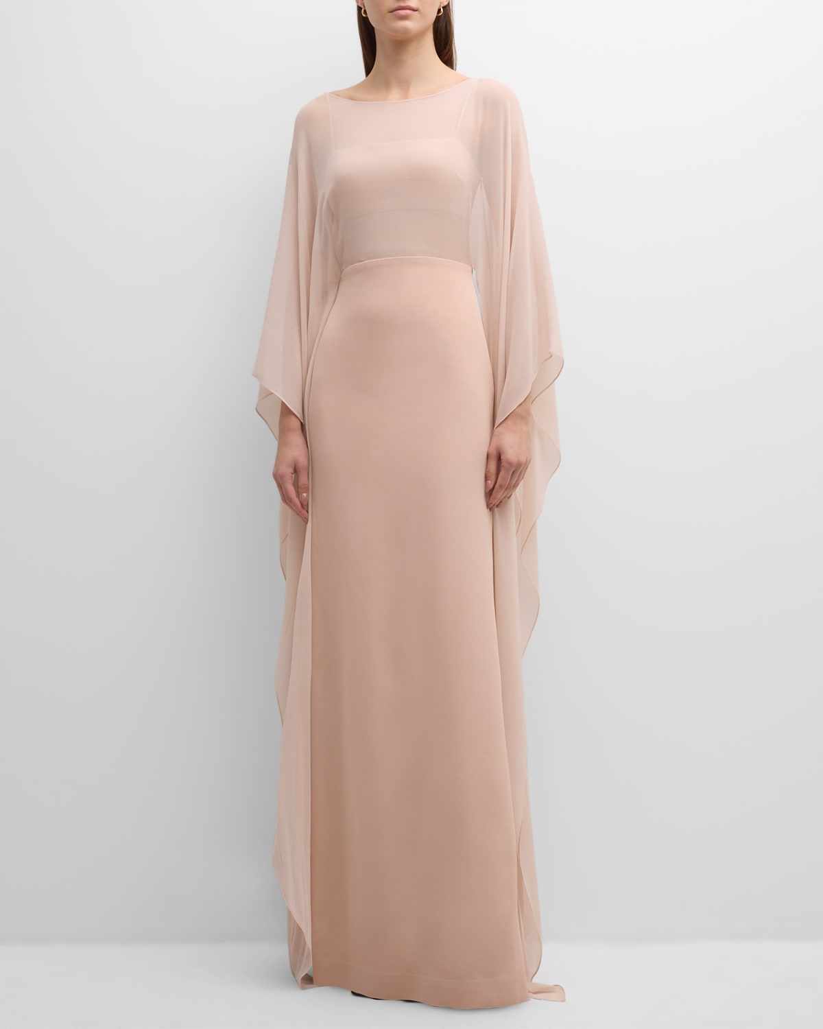 Koltson Silk Illusion Caftan Gown With Draped Sleeves In Blush