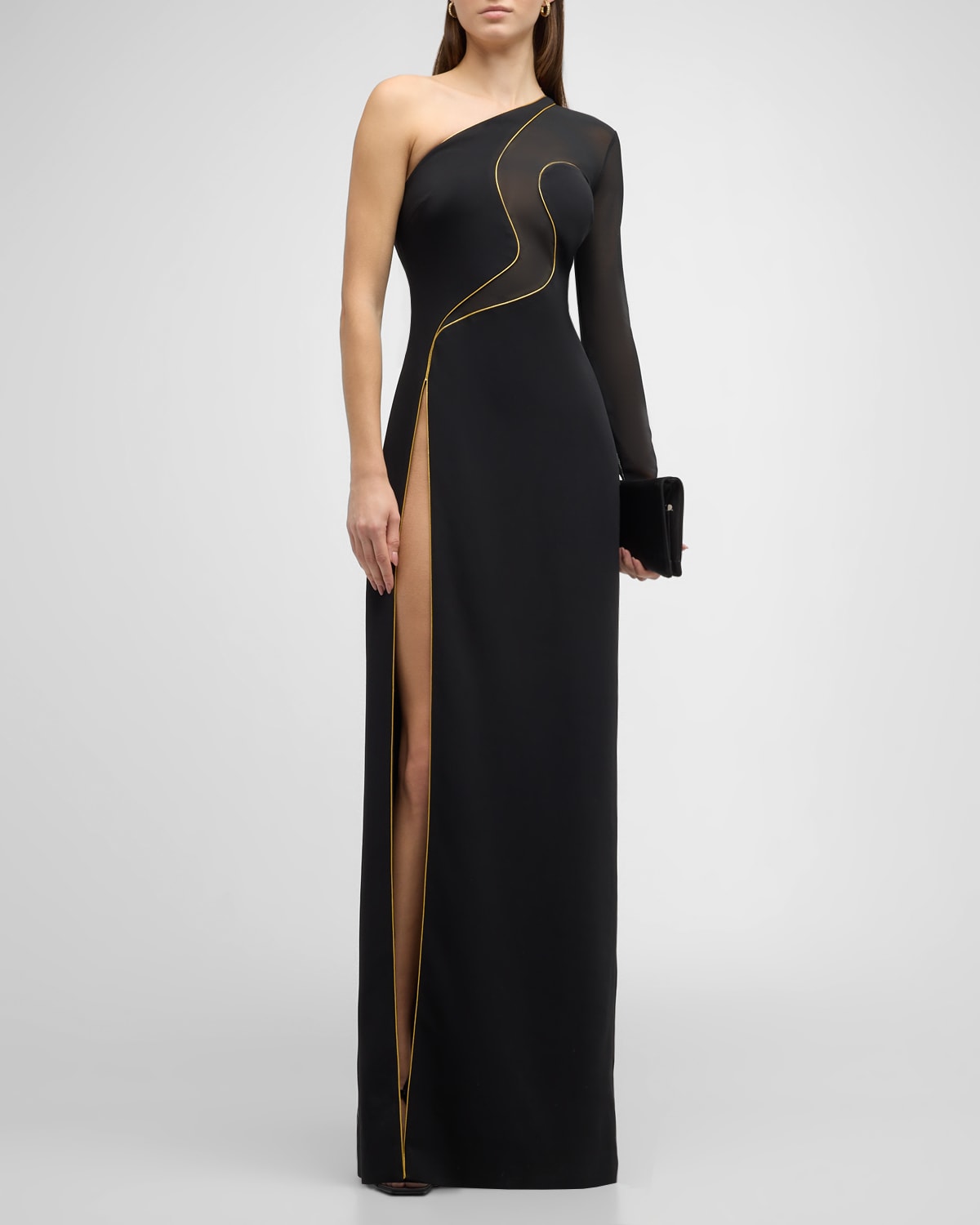 One-Shoulder Long-Sleeve Cady Asymmetric Illusion Gown