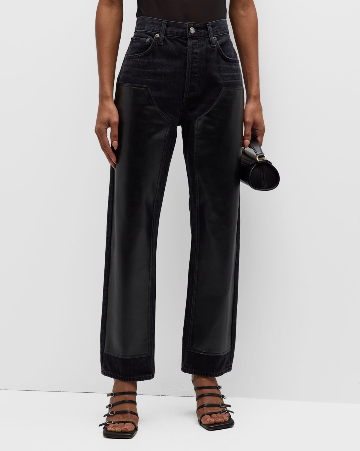 Shop Agolde Ryder Straight-leg Leather Patch Jeans In Ink Detox