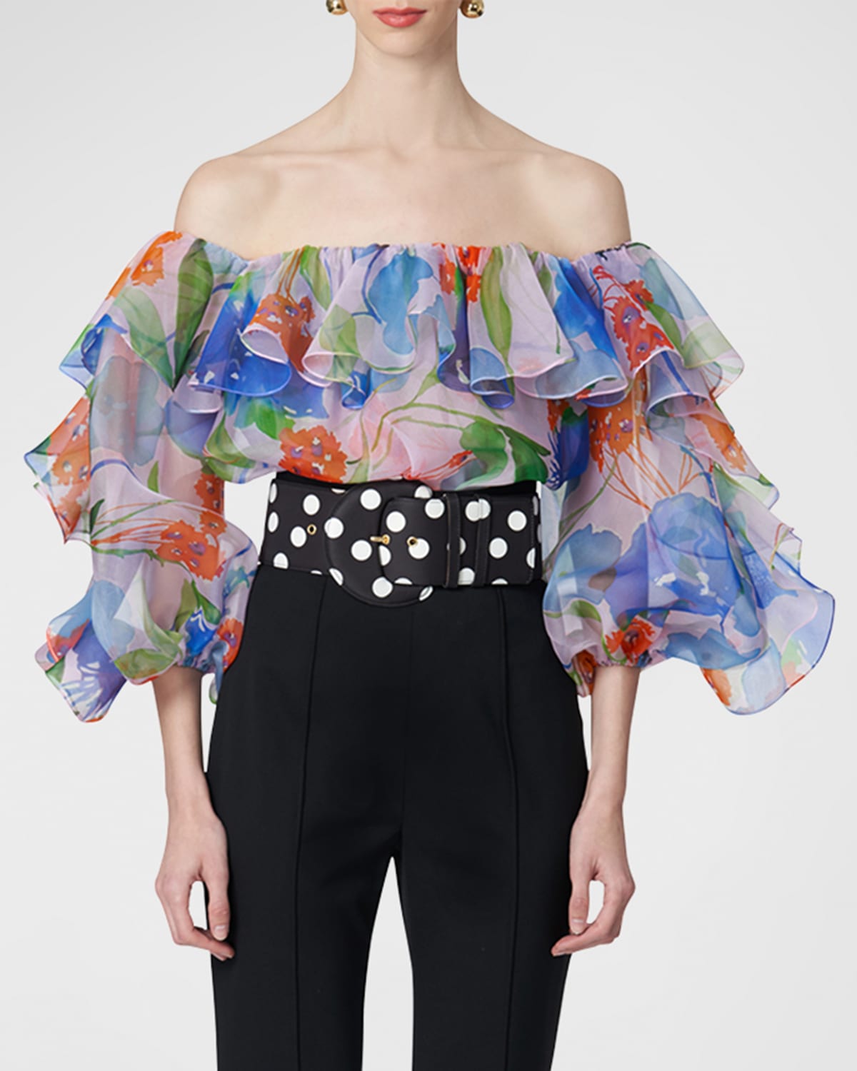 Shop Carolina Herrera Off-shoulder Floral-print Ruffle Top In Blush Multi