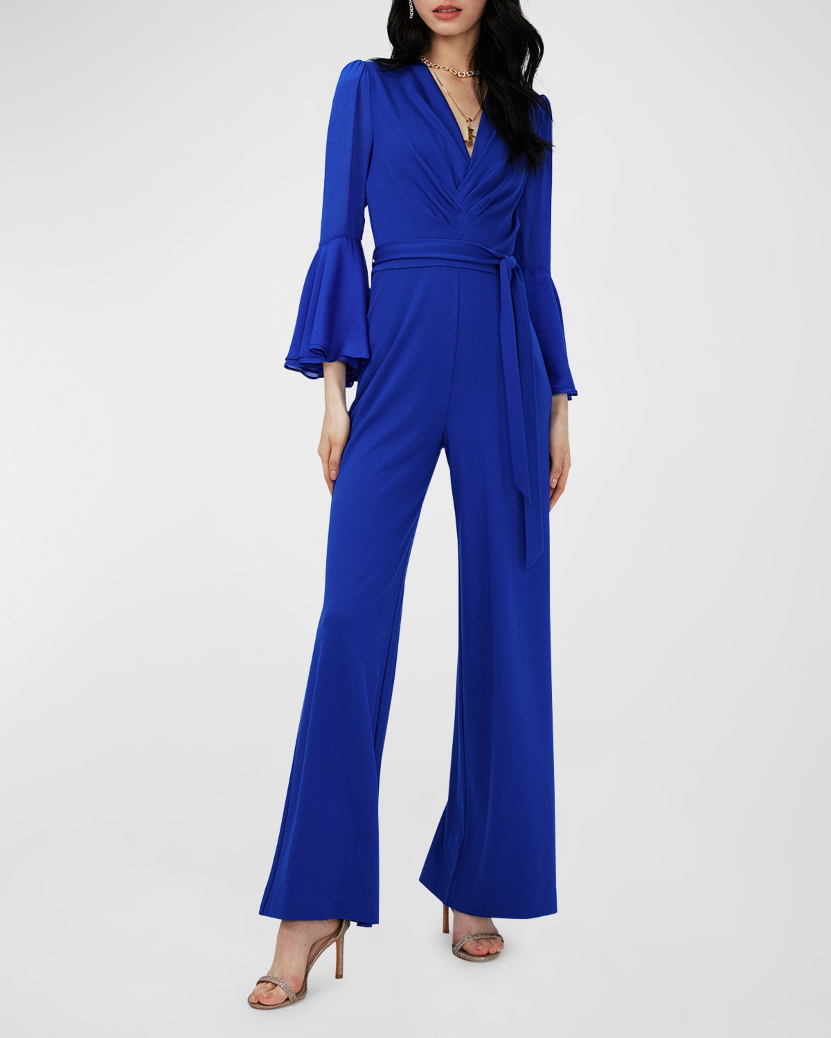 Shop Diane Von Furstenberg Shing Pleated Bell-sleeve Jumpsuit In Sapphire Blue