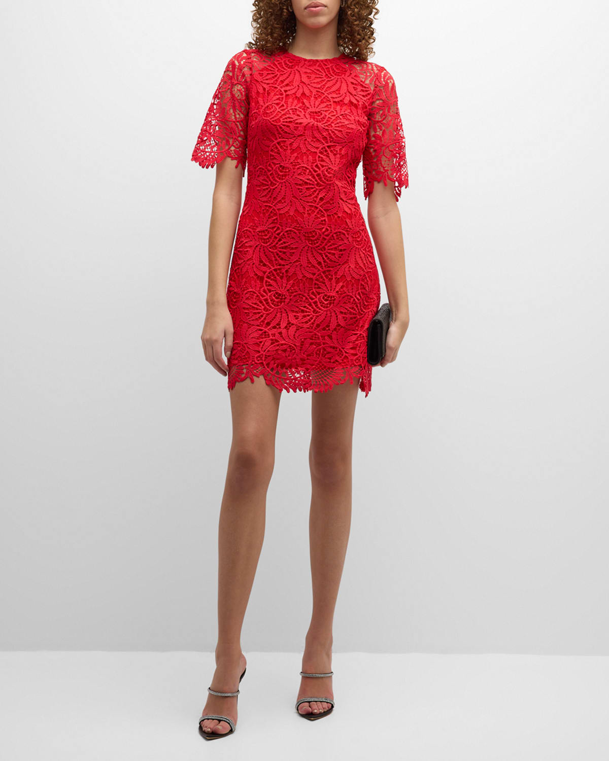 Shoshanna Taryn Elbow-sleeve A-line Lace Mini Dress In Ruby