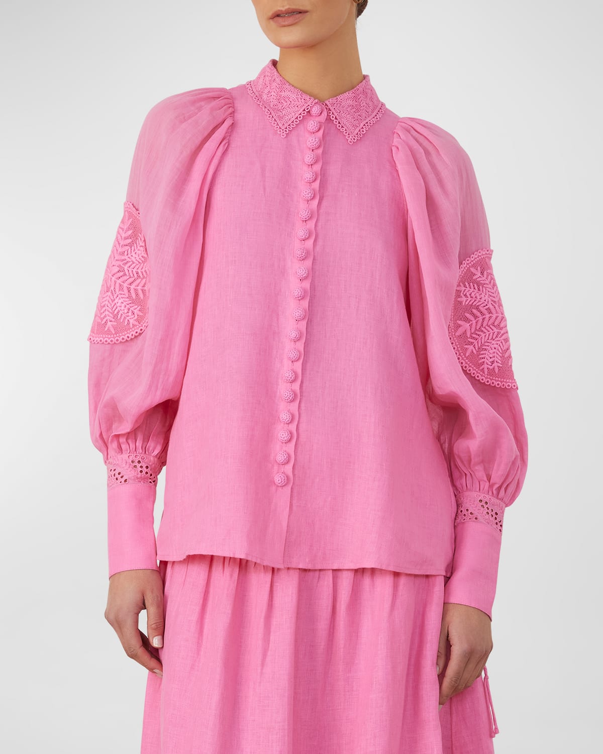 Joslin Roxanna Embroidered Bishop-sleeve Shirt In Dahlia Pink