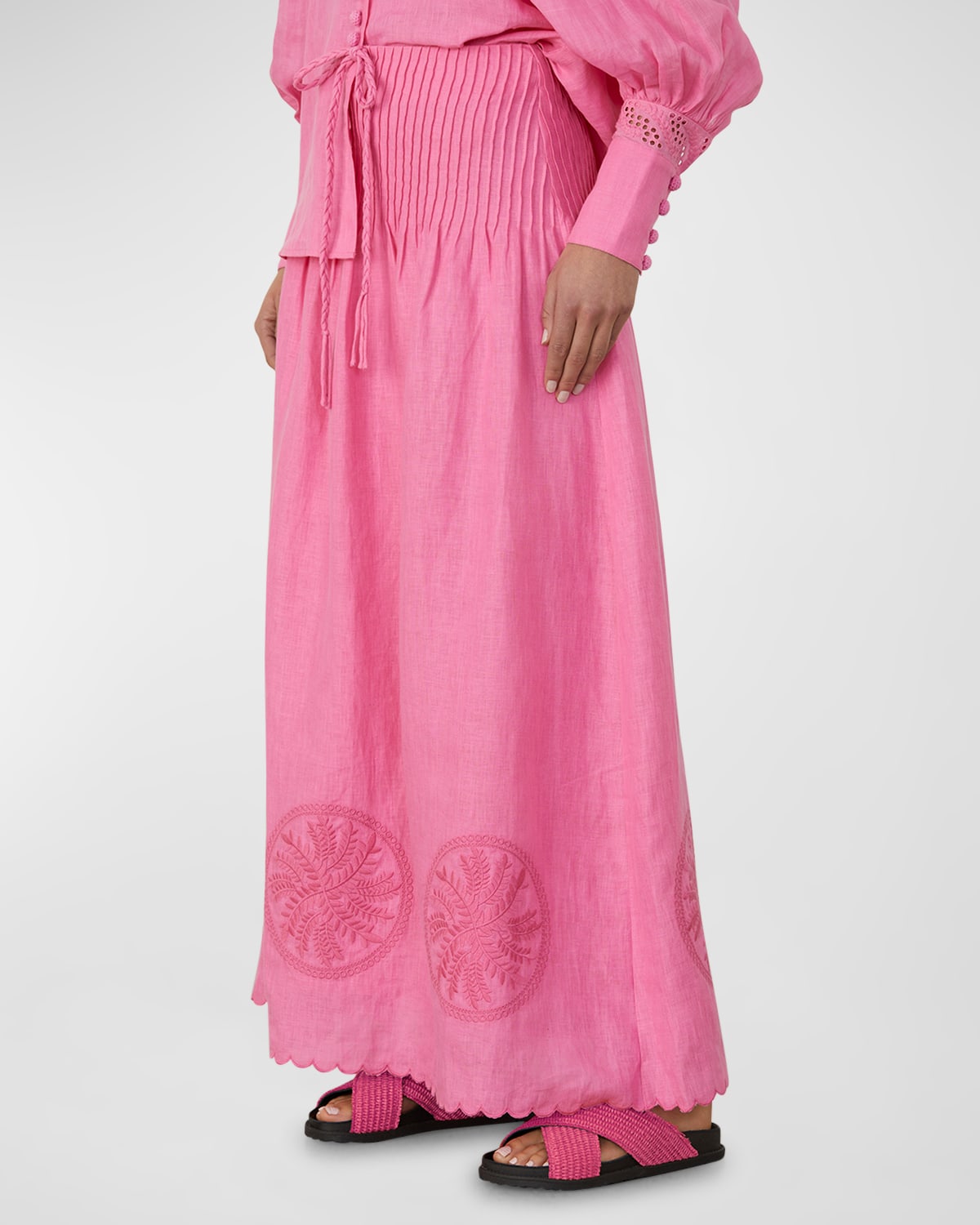 Joslin Vanessa Embroidered Pintuck Linen Maxi Skirt In Dahlia Pink