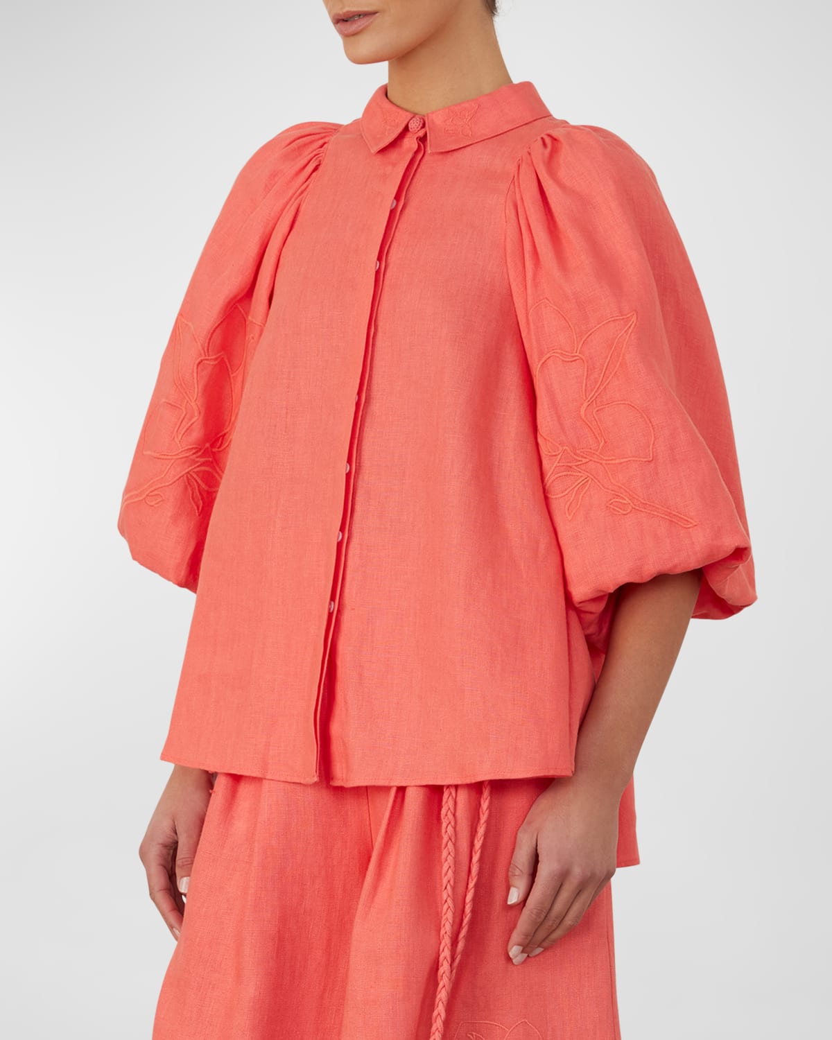 Joslin Lola Floral-embroidered Button-down Linen Shirt In Orange