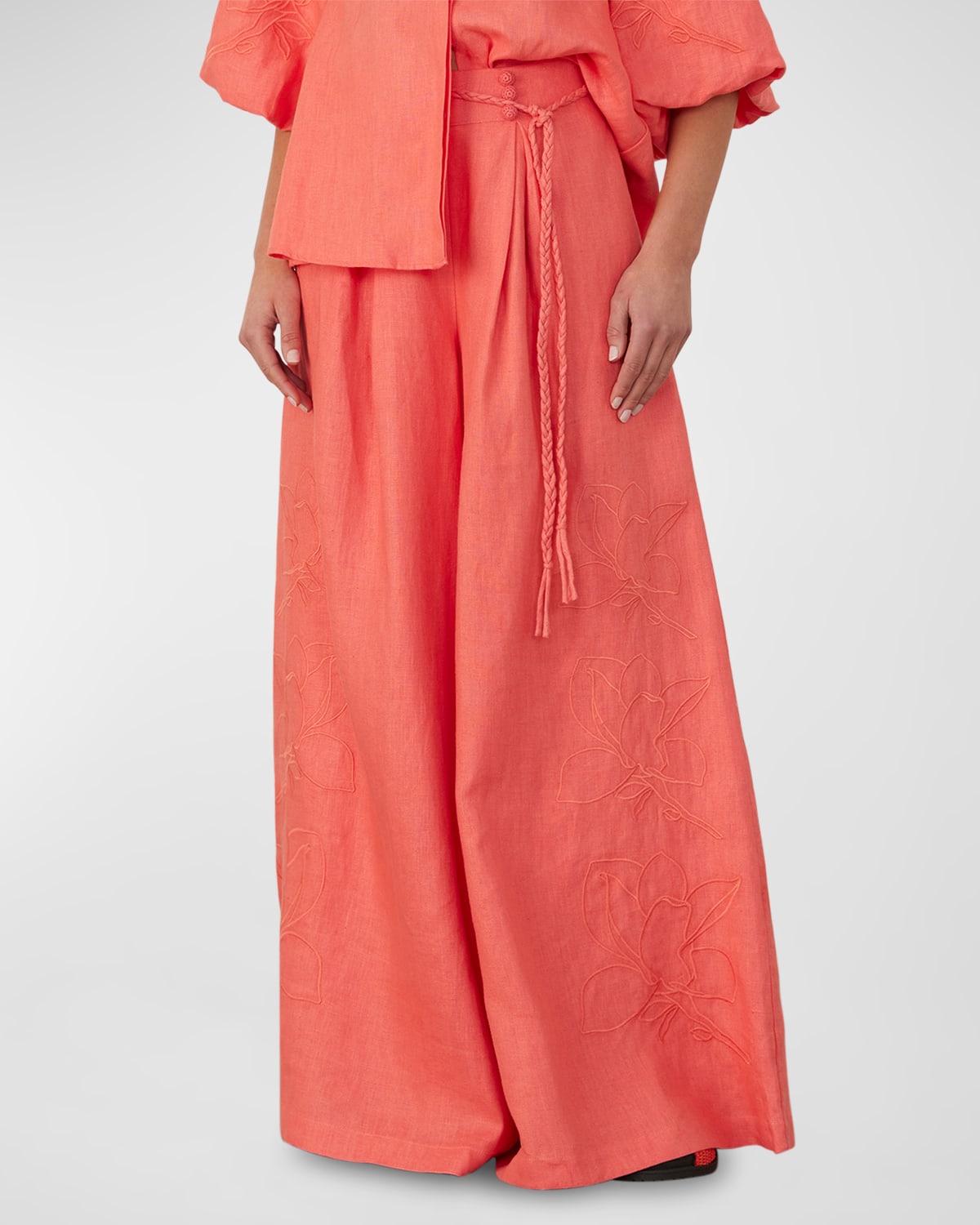 Joslin Elaina Floral-embroidered Linen Palazzo Trousers In Orange