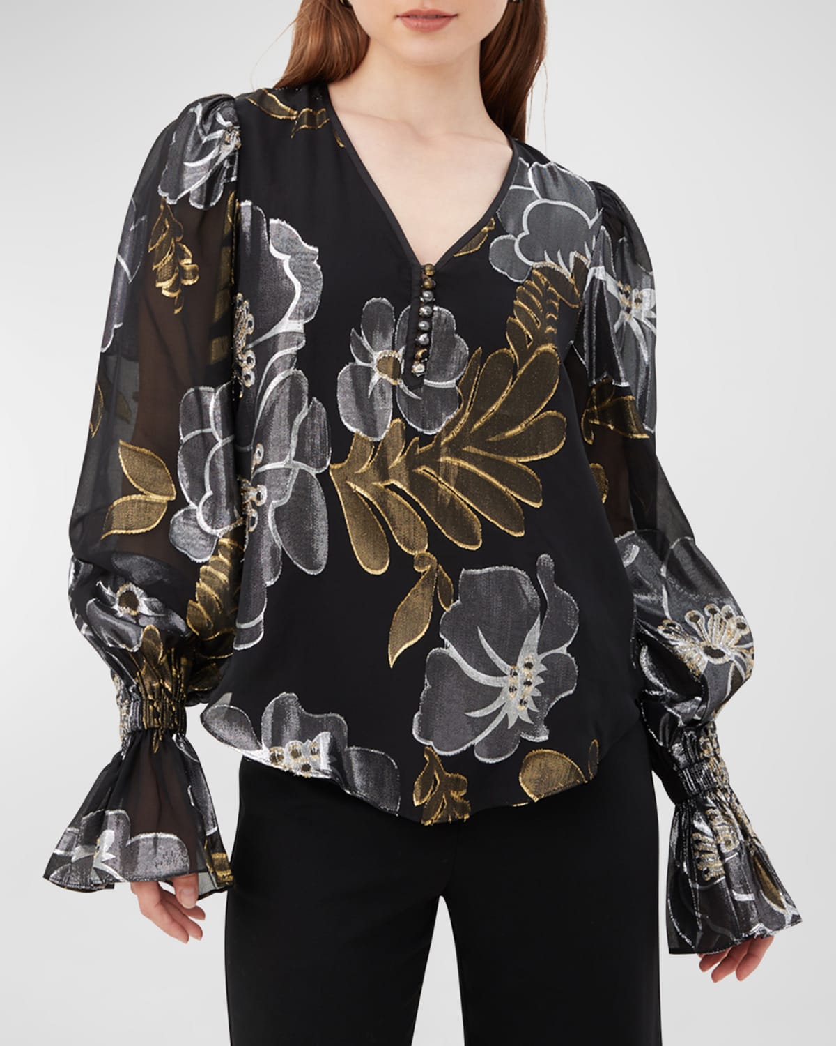 Shop Trina Turk Kaito Floral-print Blouson-sleeve Blouse In Blackmetallic