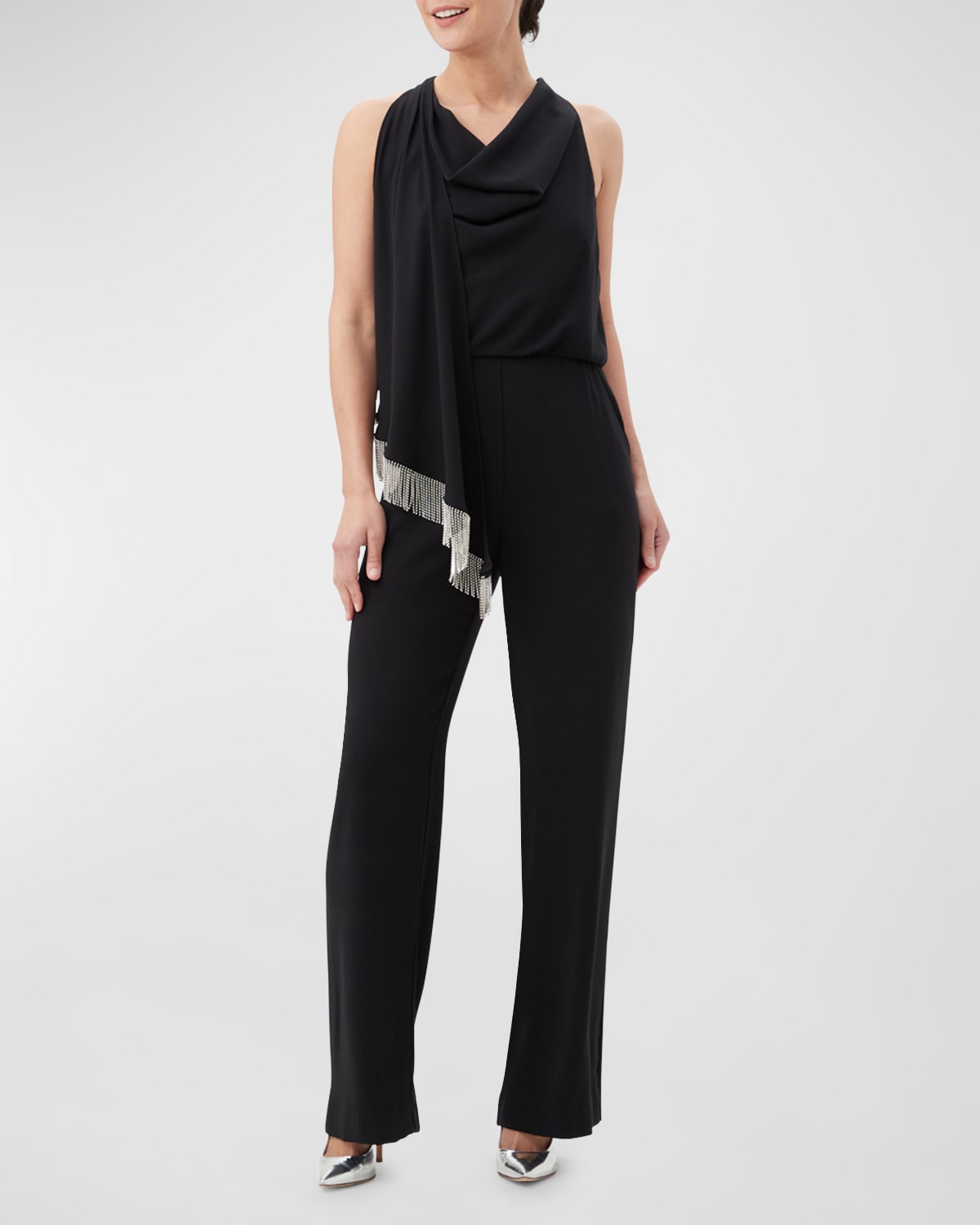 Trina Turk Momo Cowl-neck Draped Fringe-trim Jumpsuit In Black