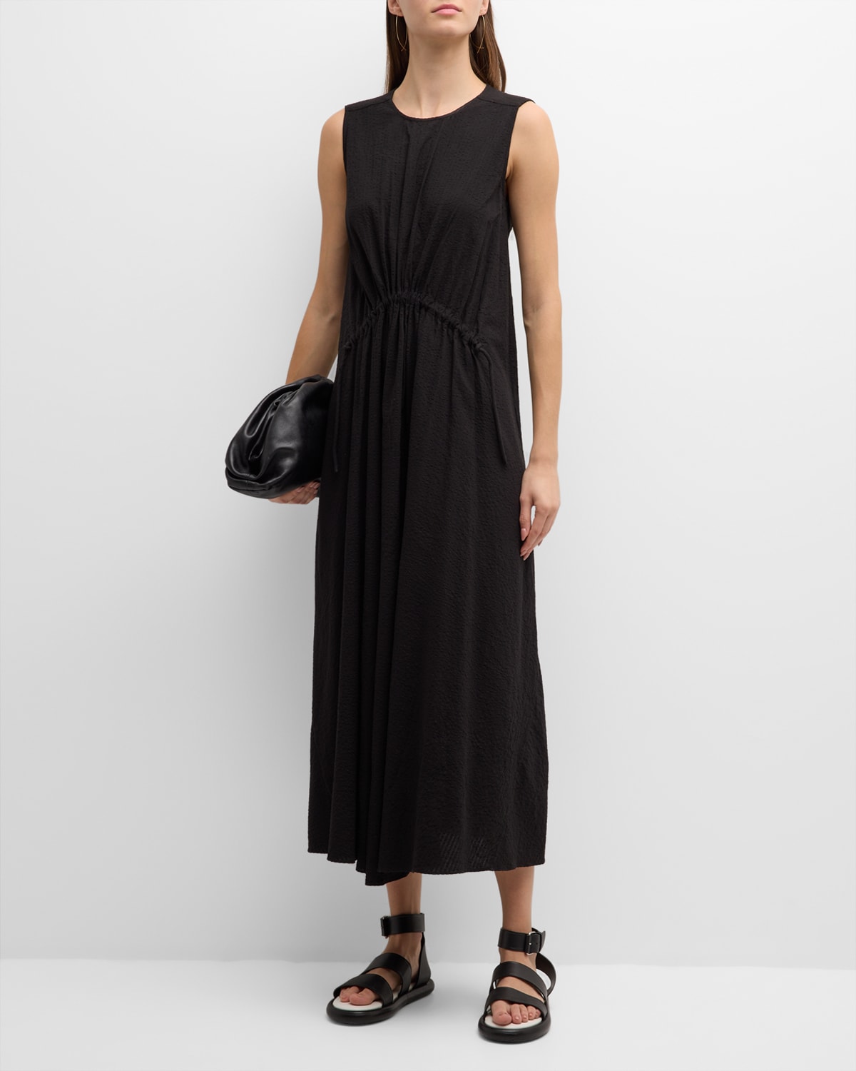 Foemina Ida Sleeveless Cotton Seersucker Midi Dress In Black