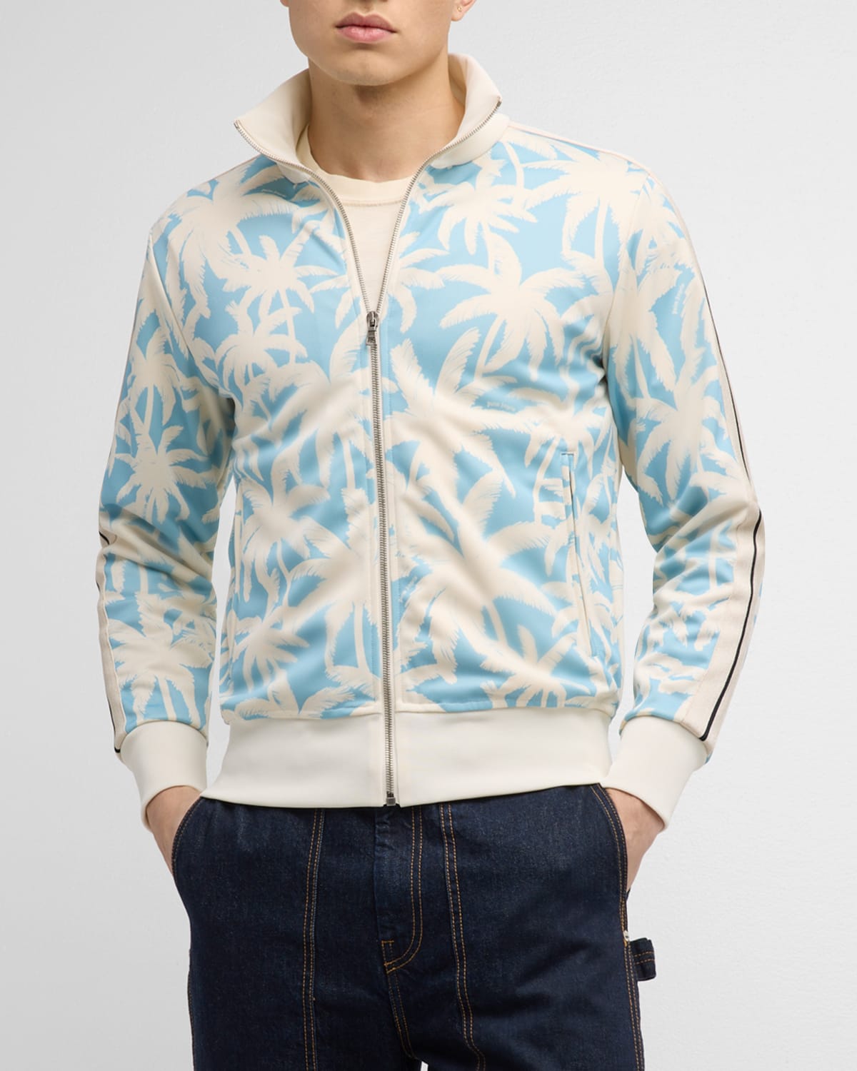 Shop Palm Angels Men's Allover Palm-print Track Jacket In Light Blue