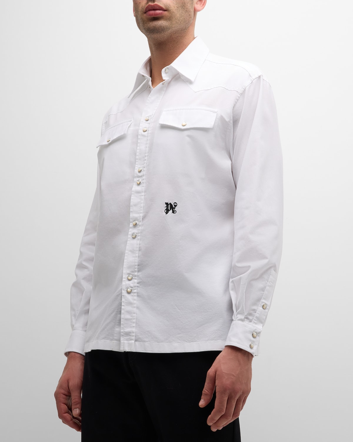Palm Angels Men's Monogram Western Shirt In Off White Black