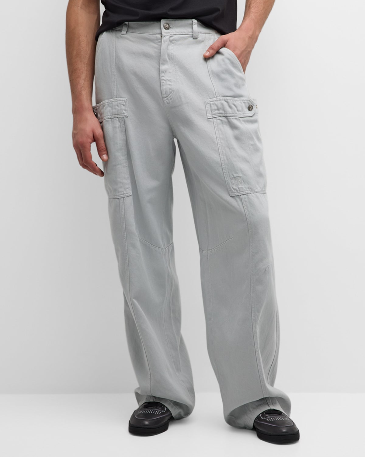 Palm Angels Men's Baggy Denim Cargo Trousers In Light Grey Light