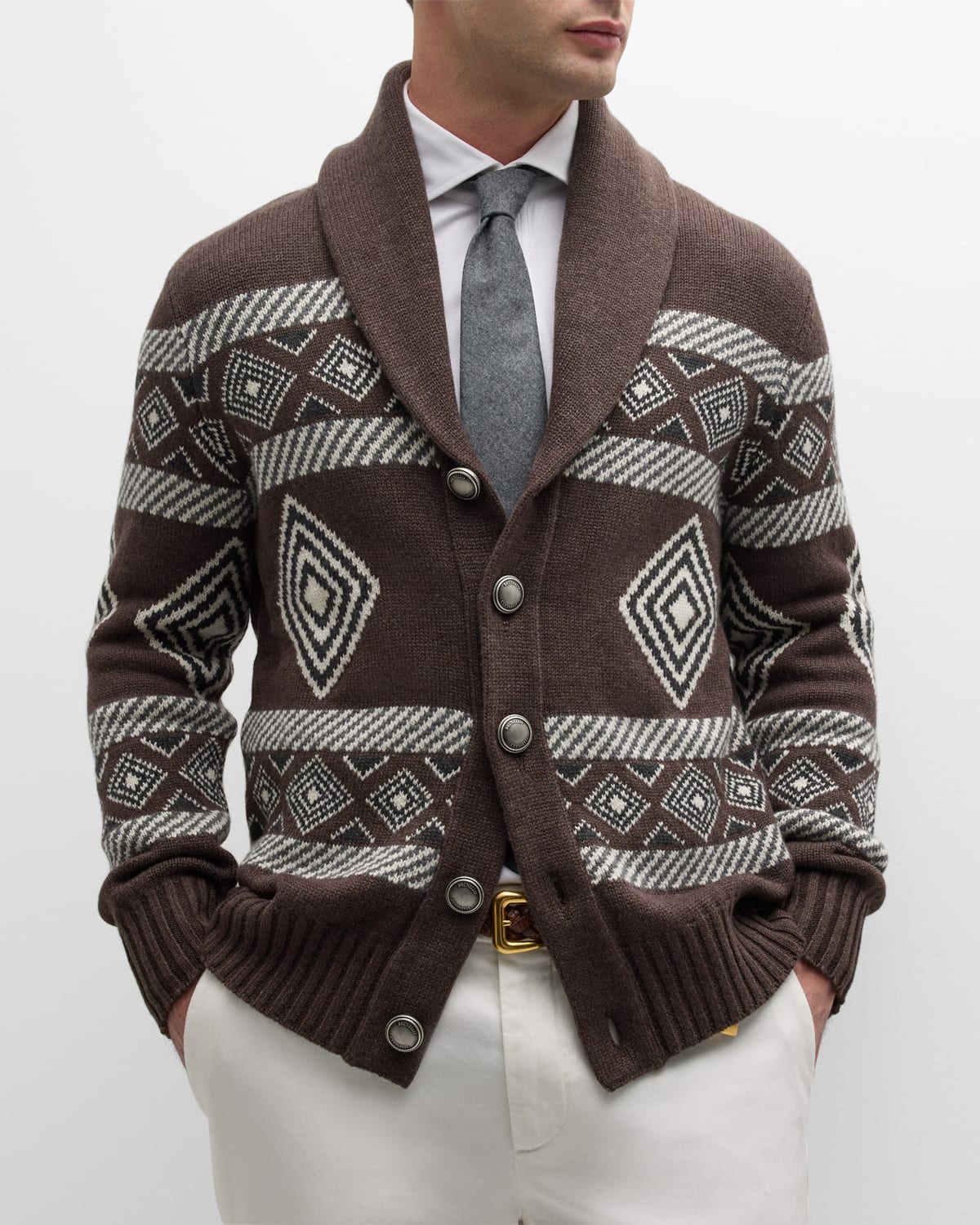Brunello Cucinelli Men's Tribal Shawl Cardigan Sweater In Brown