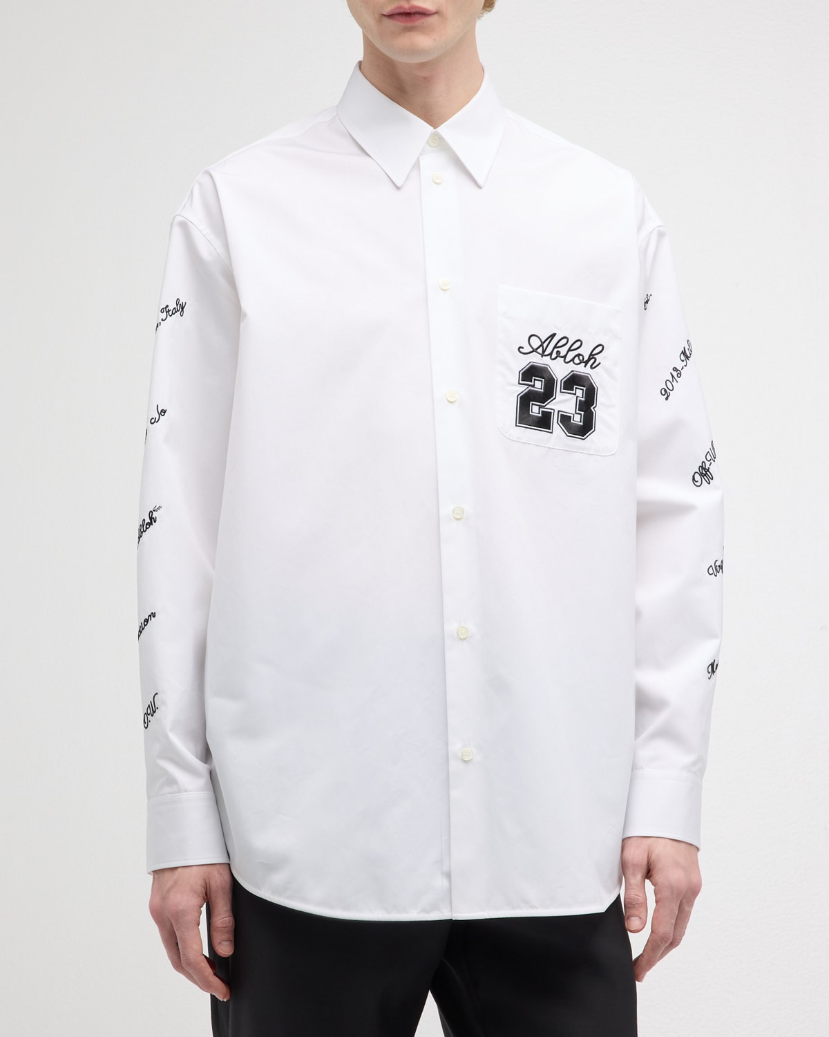 Shop Off-white Men's 23 Logo Embroidered Sport Shirt In White Black