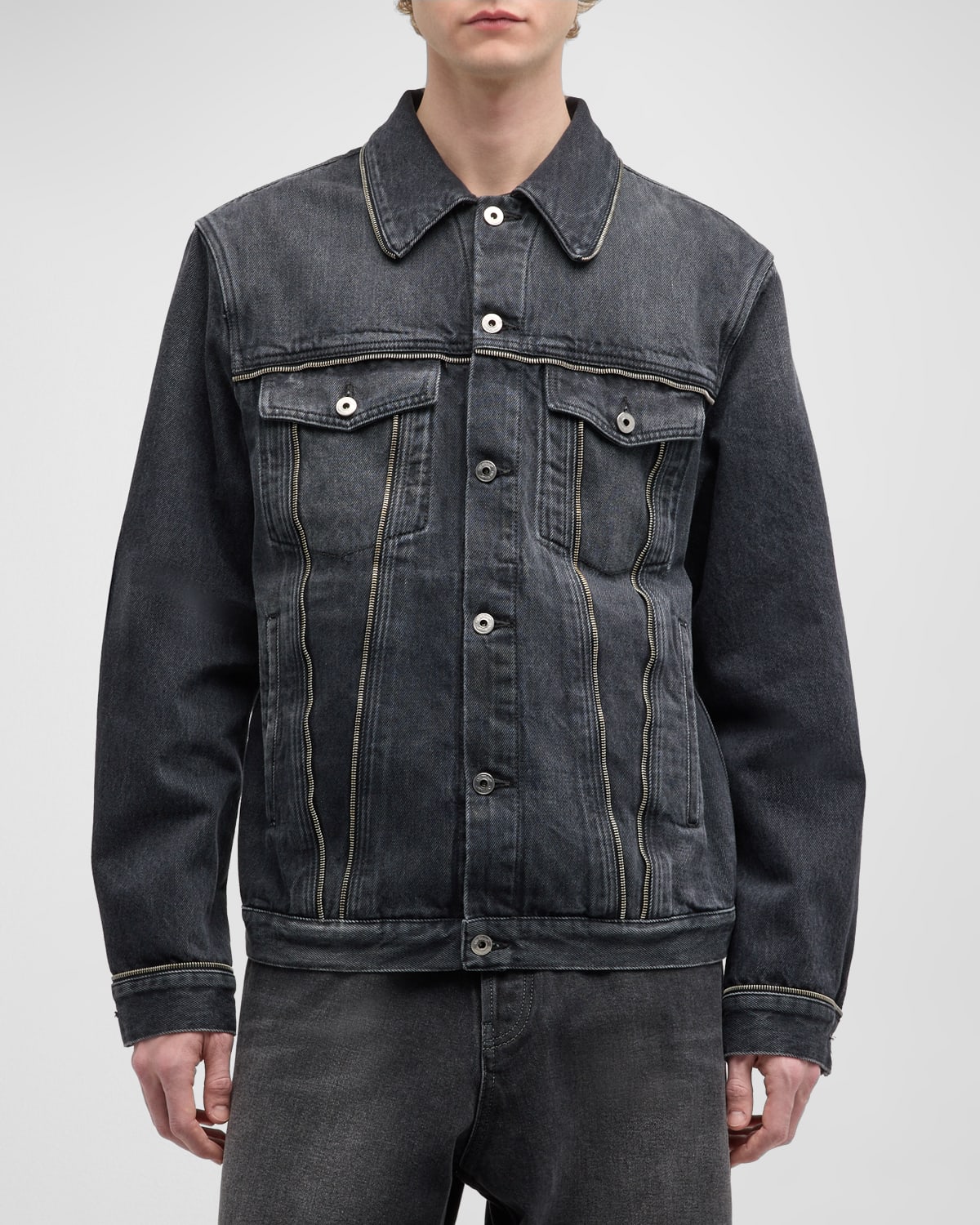 Shop Off-white Men's Arrow Zipper-trim Denim Jacket In Black