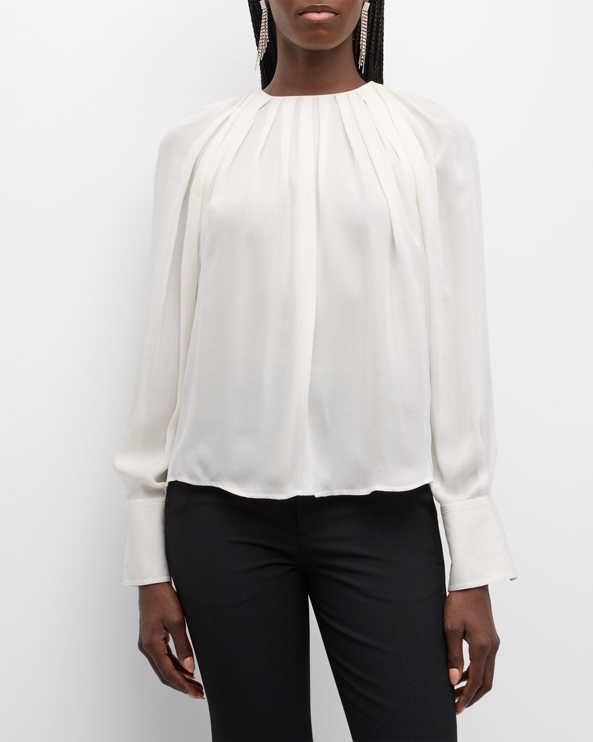 Shop A.l.c Astrid Pleated Long-sleeve Silk Top In White
