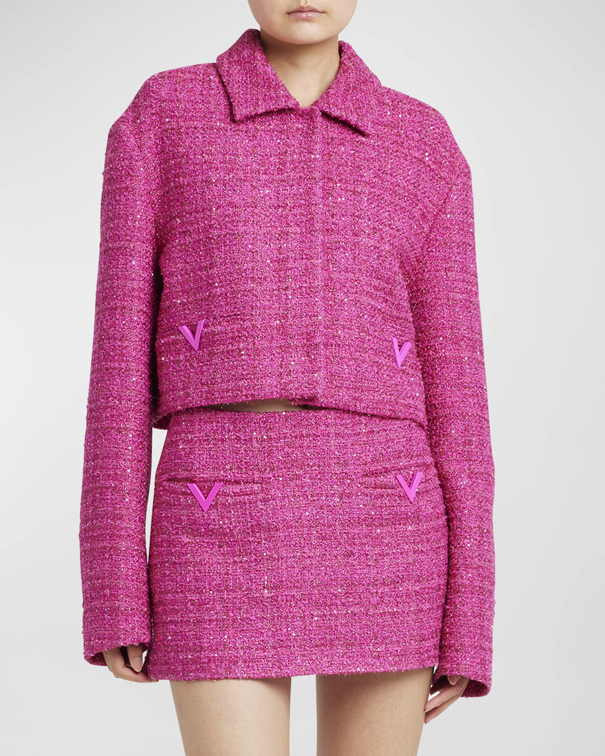 Shop Valentino V-logo Metallic Paillette Tweed Jacket In Pink