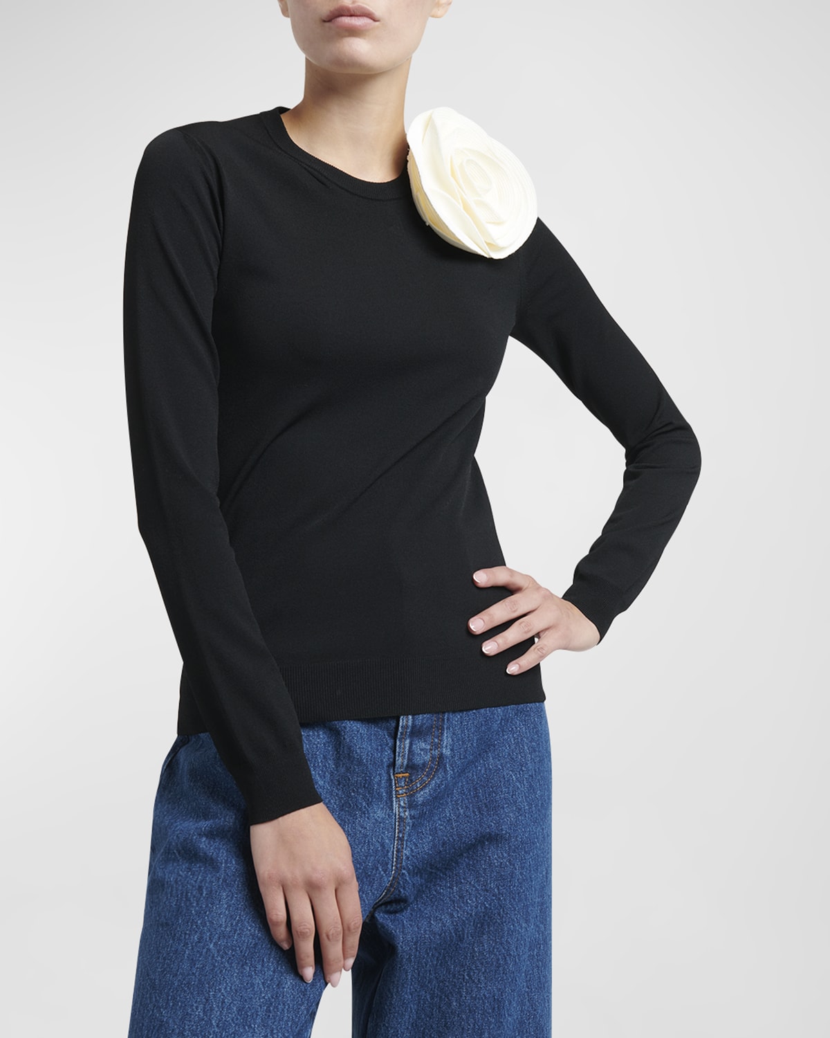 Valentino Rosette Corsage Long-sleeve Sweater In Black Ivory