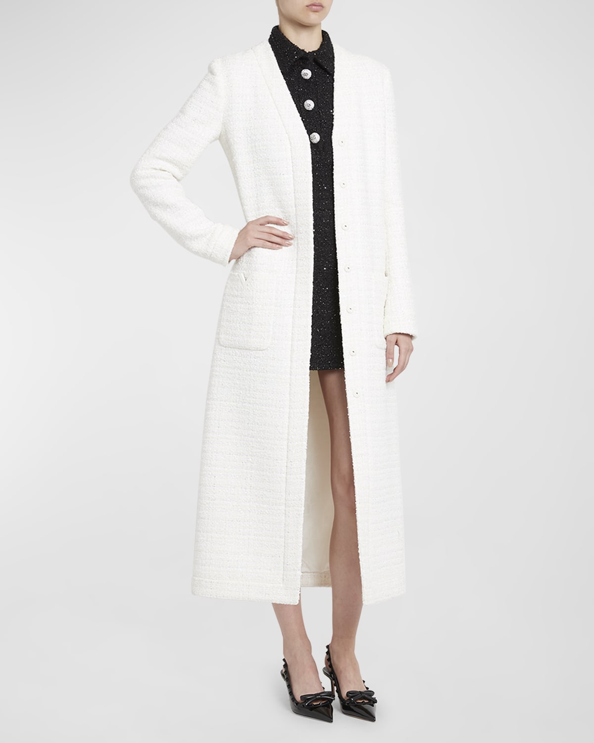 Valentino V-logo Paillette Tweed Long Coat In Ivory