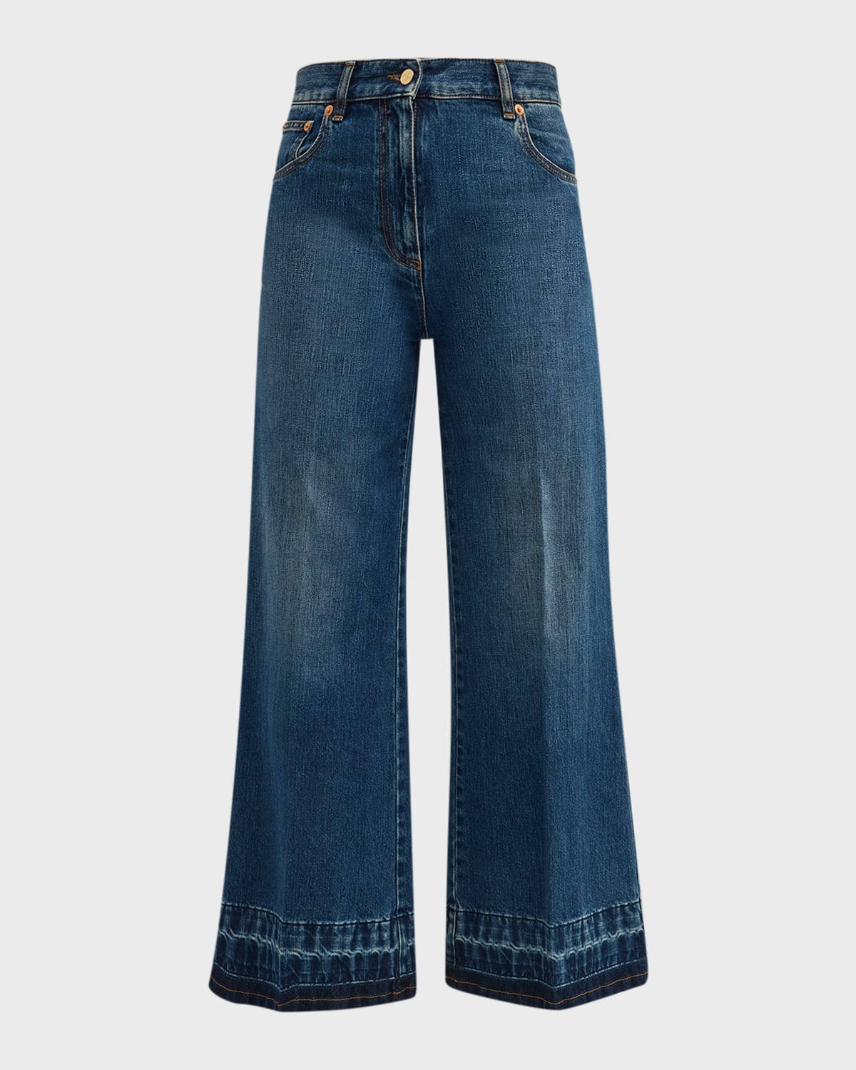 Valentino V-logo High-rise Wide-leg Crop Released-hem Jeans In Denim