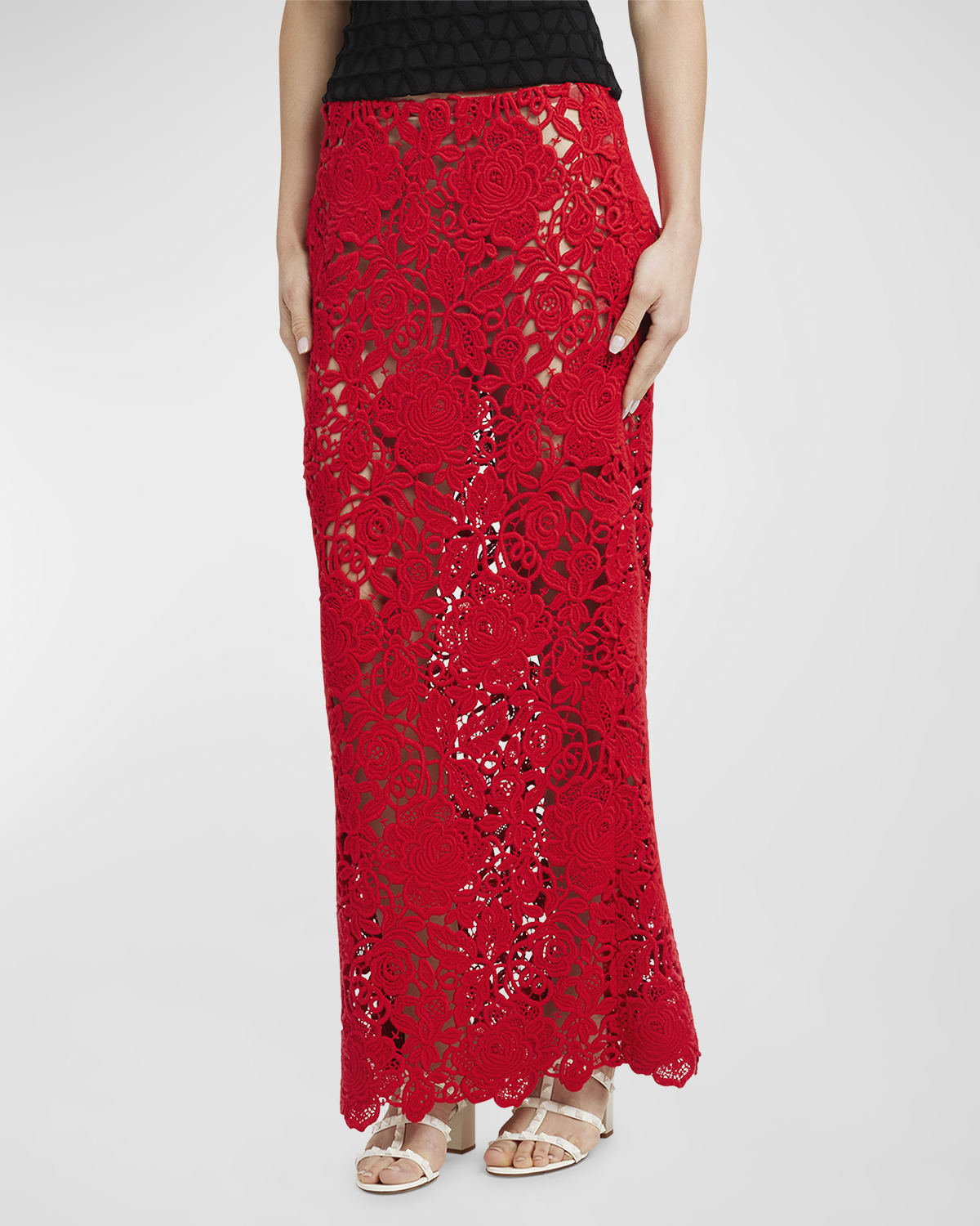 Valentino Floral Lace Sheer Maxi Skirt In Red