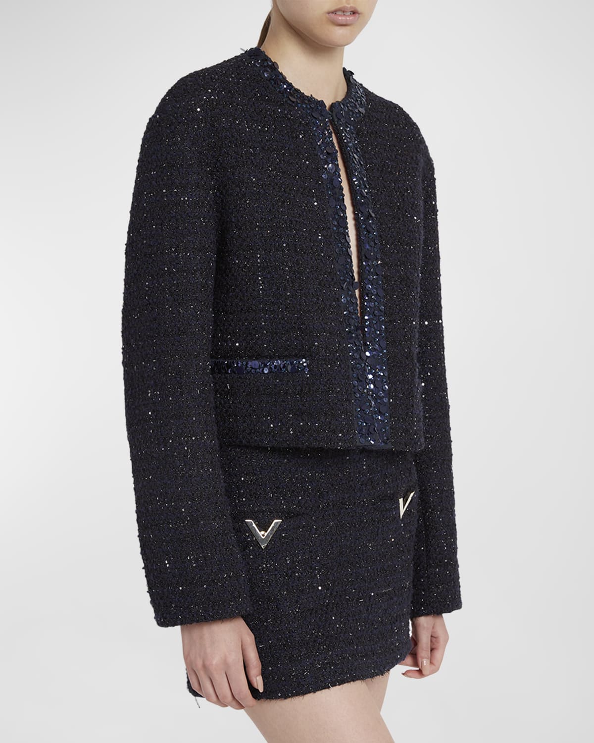 Shop Valentino Sequin-embroidered Metallic Glaze Tweed Jacket In Navy