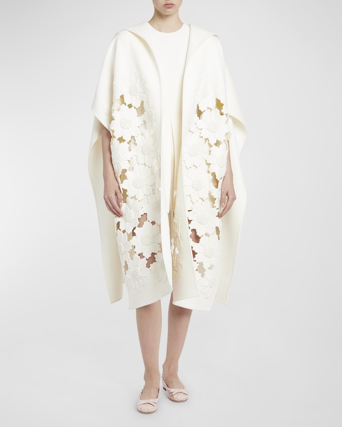 Valentino Flower Cutout Hooded Cashmere Cape In Ivory