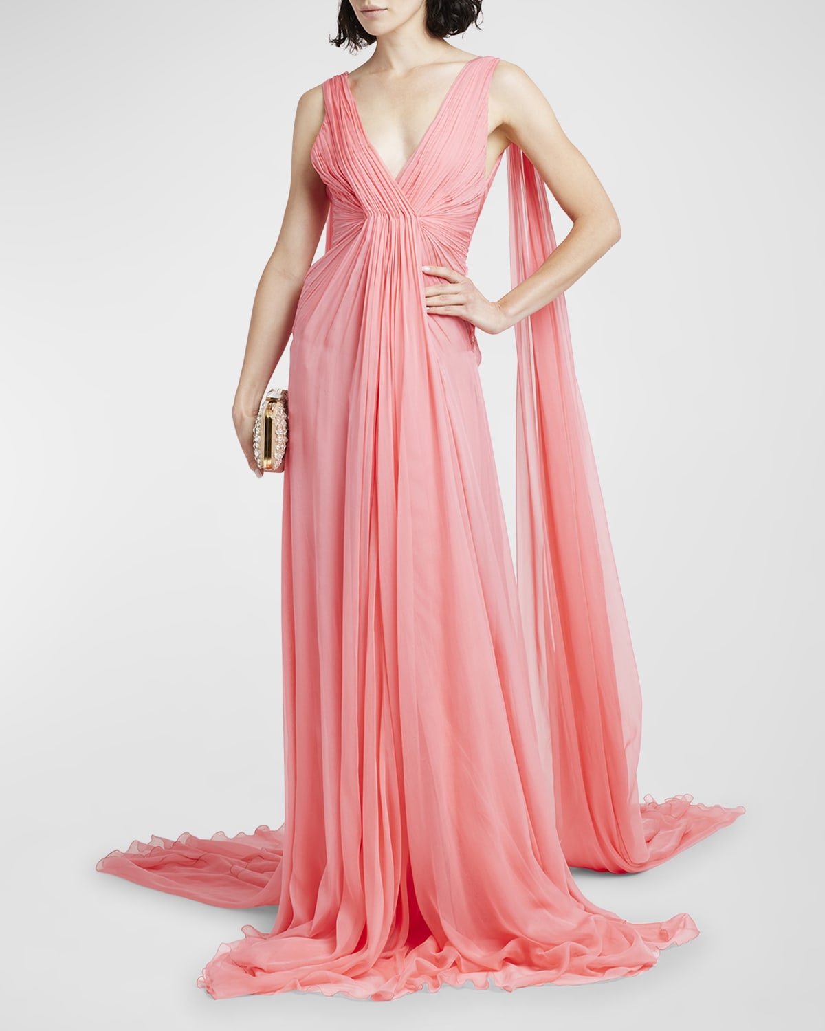 Valentino Plunging Pleated Sleeveless Silk Cape Gown In Bright Pink