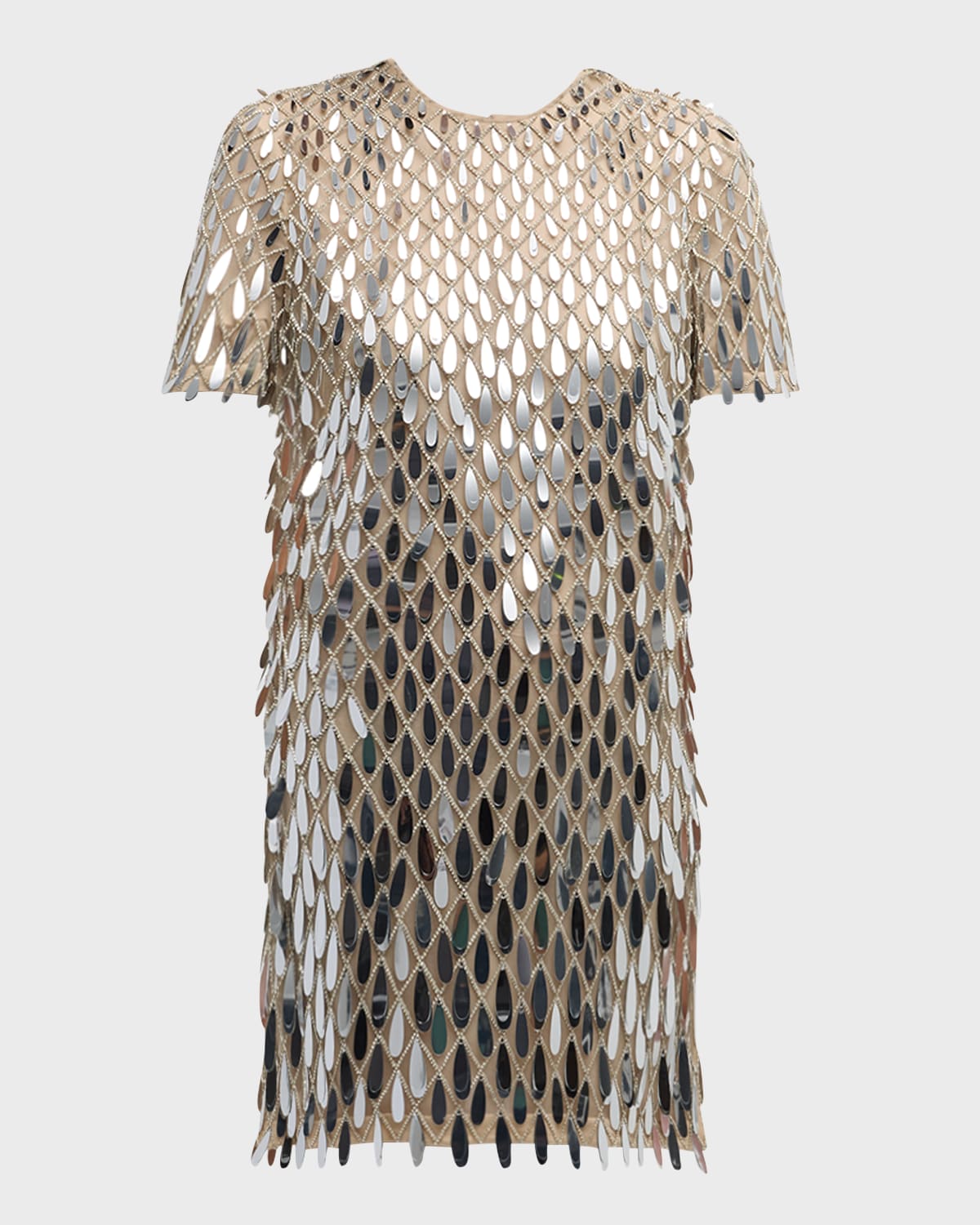 Valentino Sequined Crystal Short-sleeve Mini Shift Dress In Praline