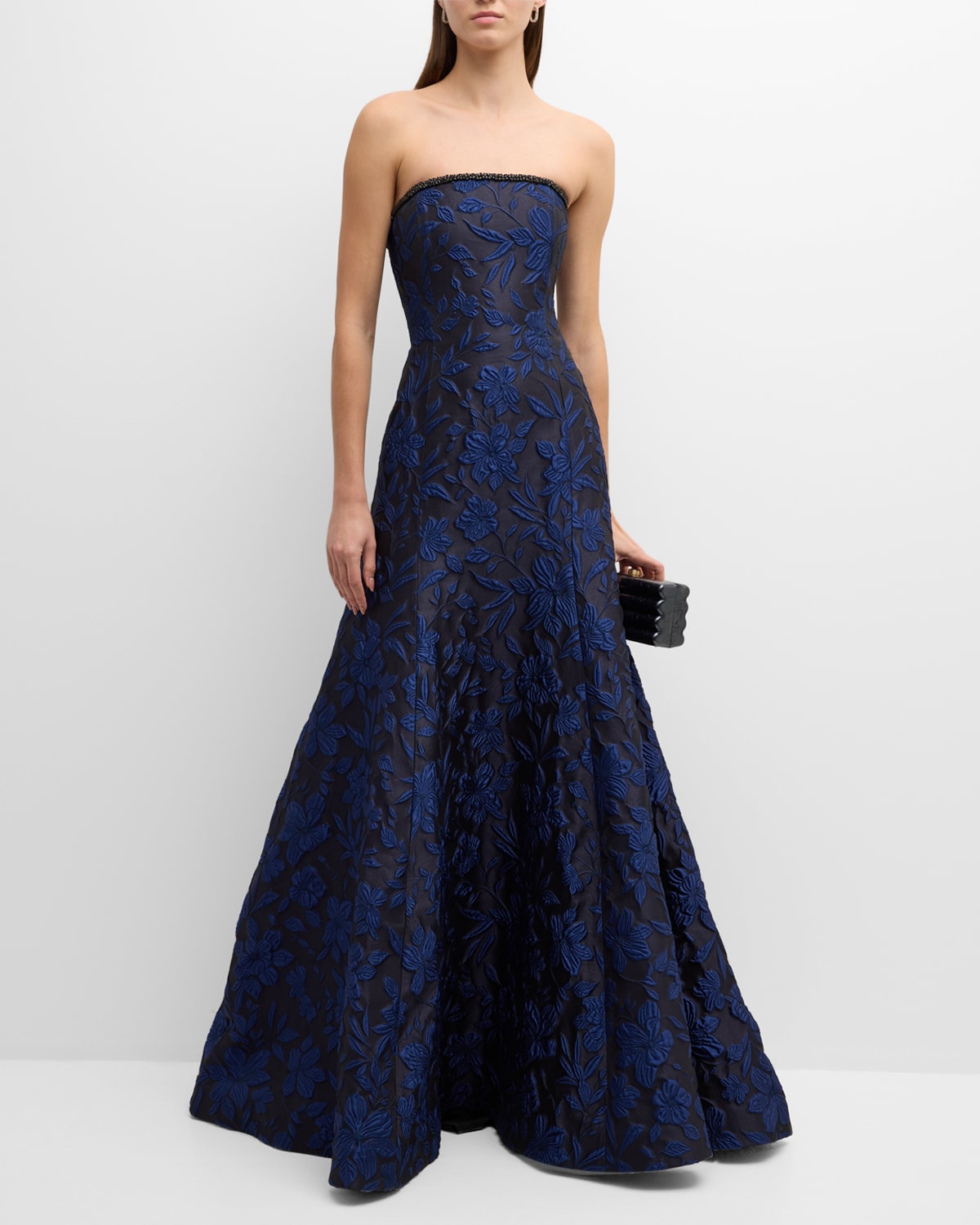 NAEEM KHAN BLUE JACQUARD GOWN WITH EMBROIDERED DETAIL