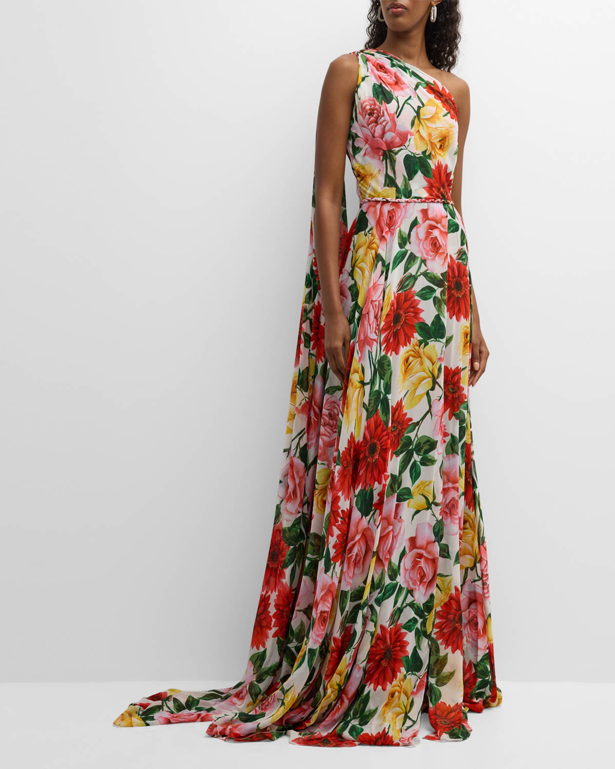 One-Shoulder Floral Print Gown with Cape Detail