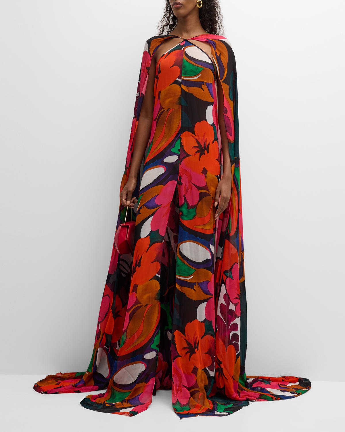 Naeem Khan Floral-print Halter Cape Gown In Multi
