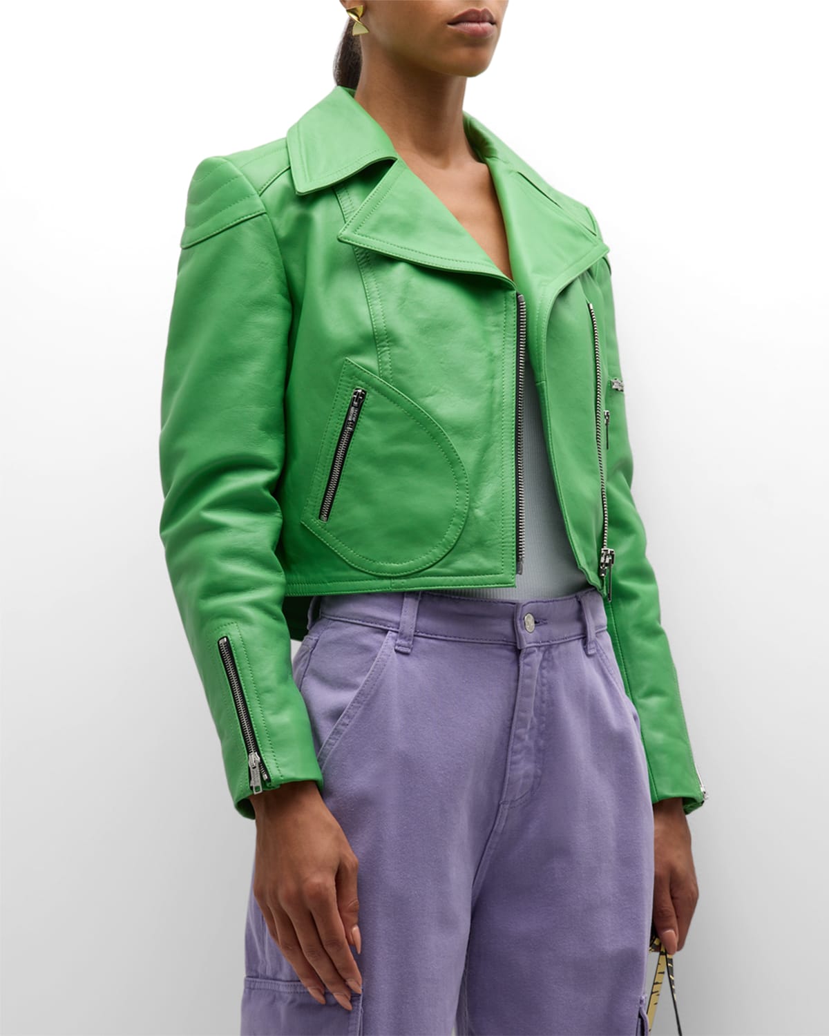 Shop Moschino Jeans Leather Biker Jacket In Green