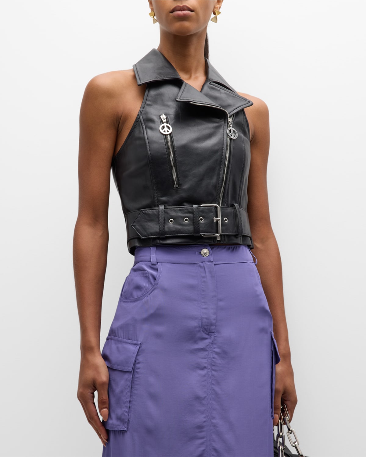 Shop Moschino Jeans Cropped Leather Biker Vest In Black