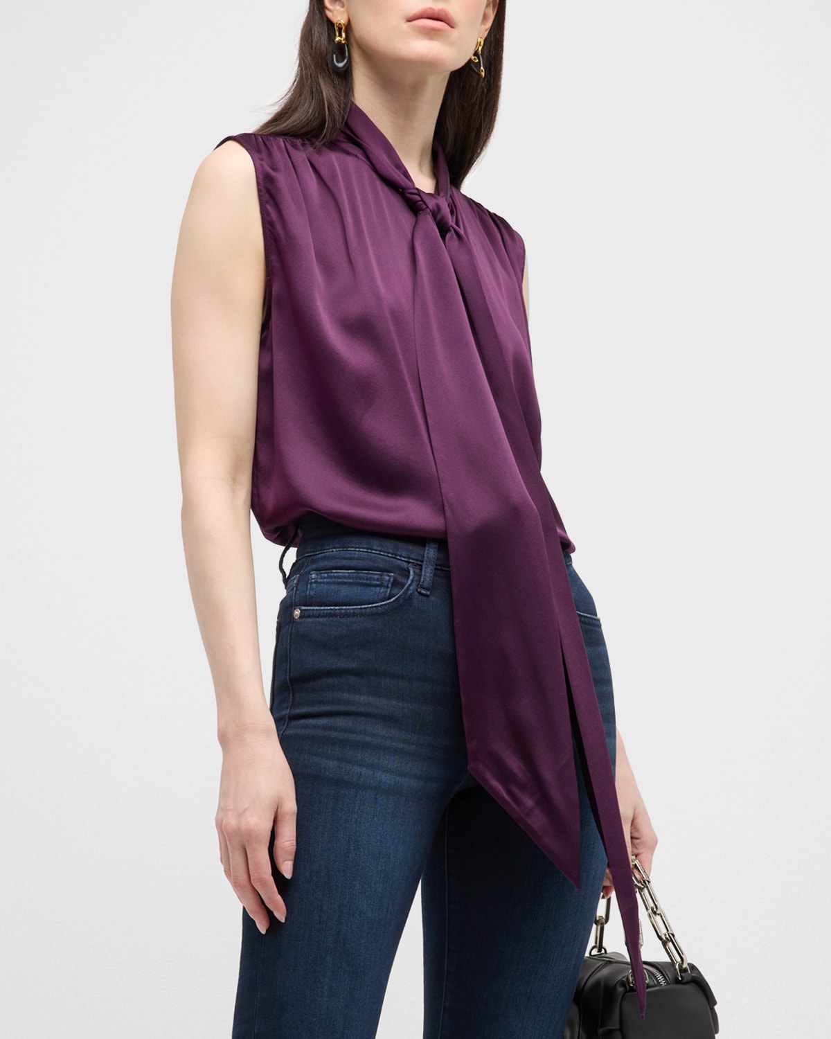 Frame Sleeveless Tie-neck Blouse In Plum