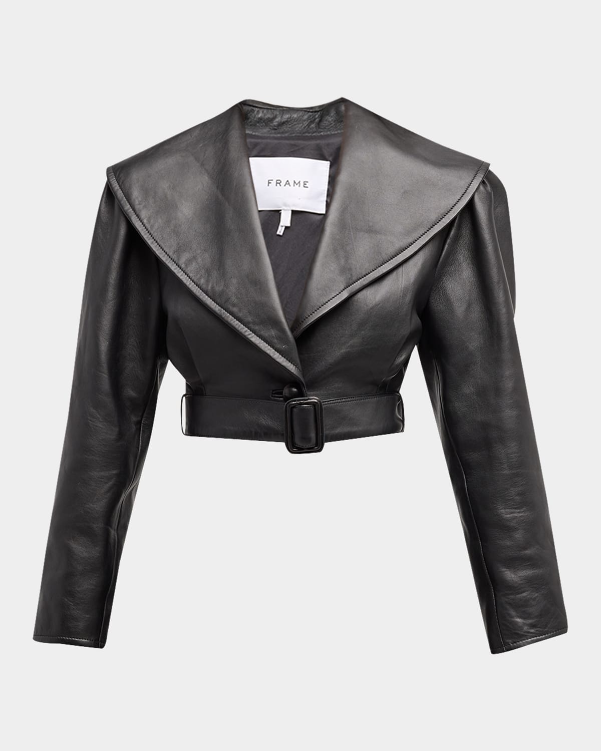 Shop Frame Belted Crop Leather Jacket In Black