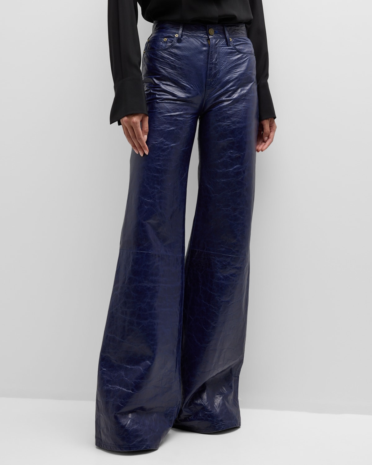 Shop Frame Le Palazzo Leather Pants In Deep Sea Blue