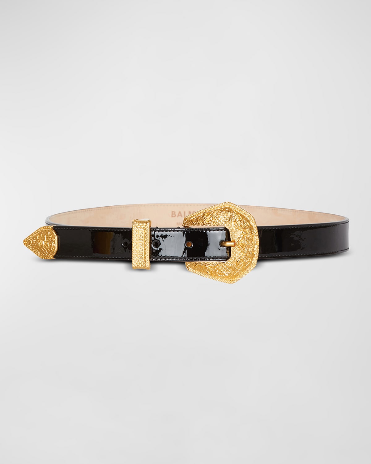 Shop Balmain Western Patent Leather & Brass Belt In Noir