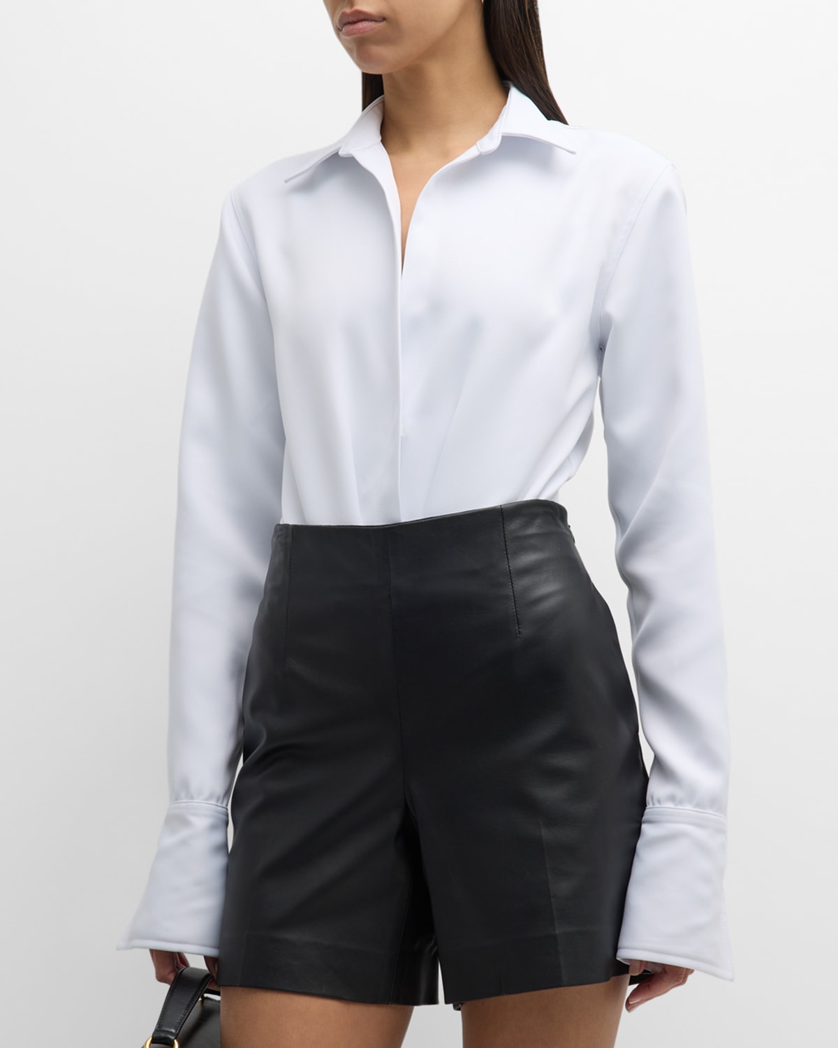 LAQUAN SMITH OPEN-FRONT COLLARED LONG-SLEEVE BODYSUIT