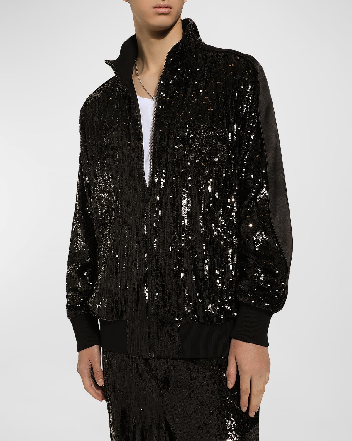 Dolce & Gabbana Embellished-logo Sequin Silk Jacket In Black