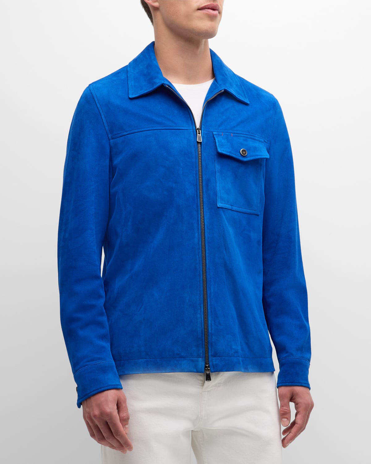 Shop Isaia Men's Full-zip Leather Blouson In Bright Blue