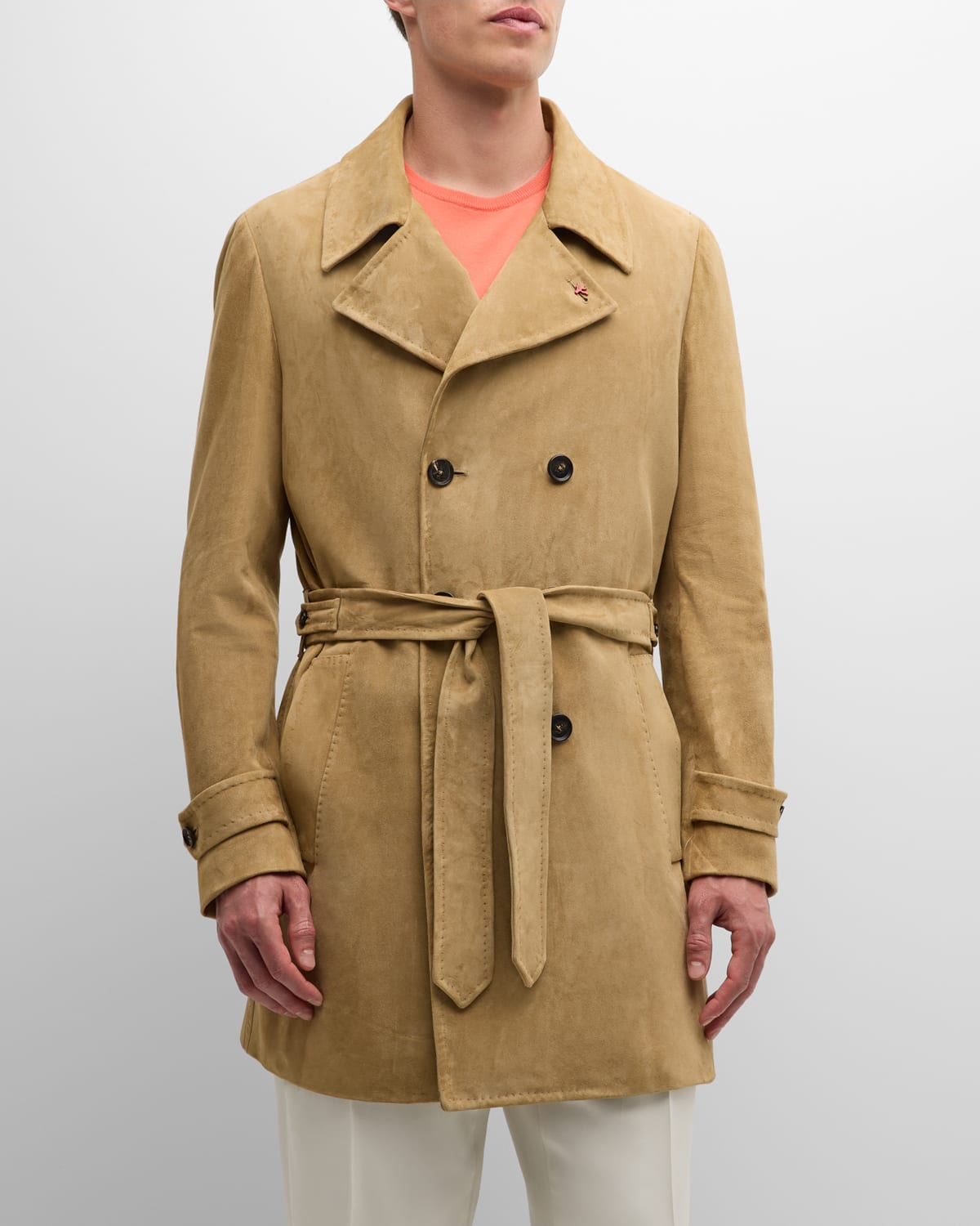 Isaia Men's Belted Suede Trench Coat In Neutral