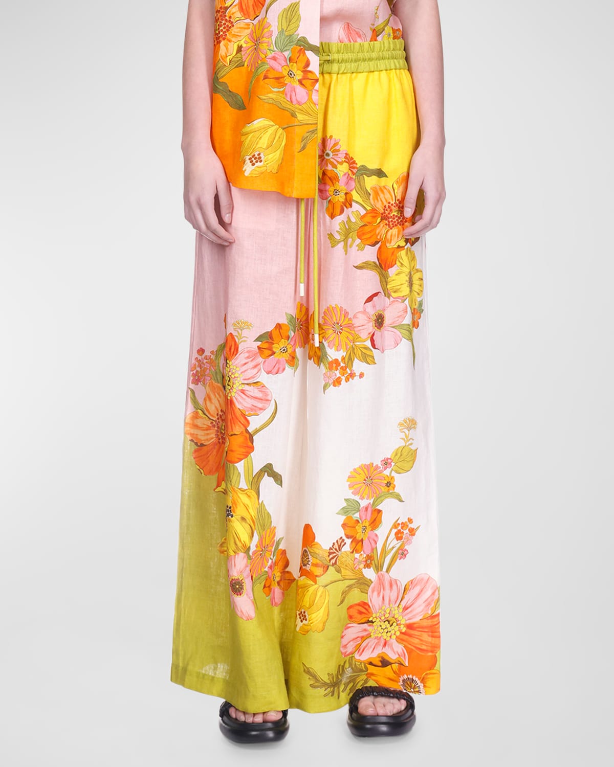 Shop Alemais Silas Floral Linen Wide-leg Drawstring Pants In Multi
