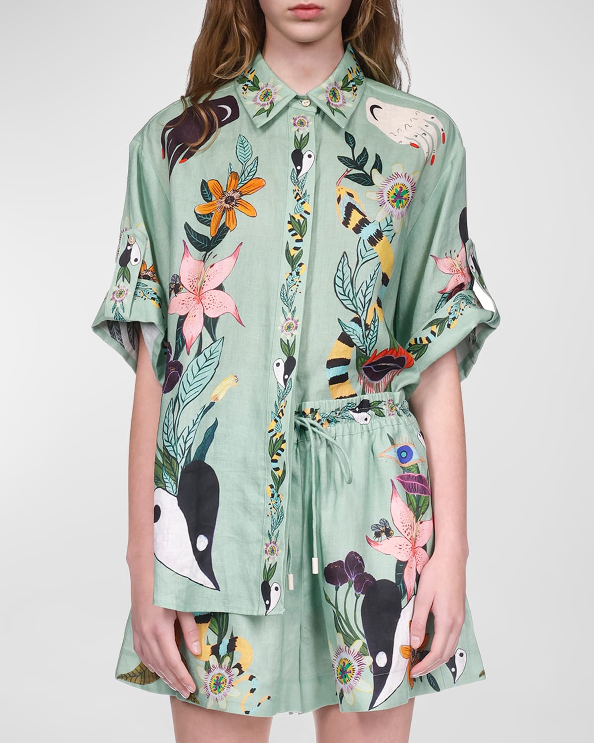 Shop Alemais Meagan Oversized Floral Linen Shirt In Jade