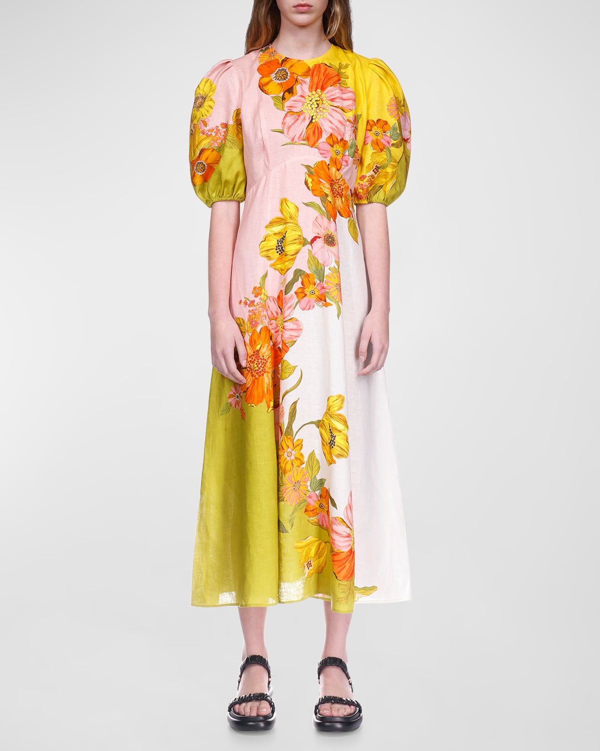 Shop Alemais Silas Puff-sleeve Floral Linen Midi Dress In Multi