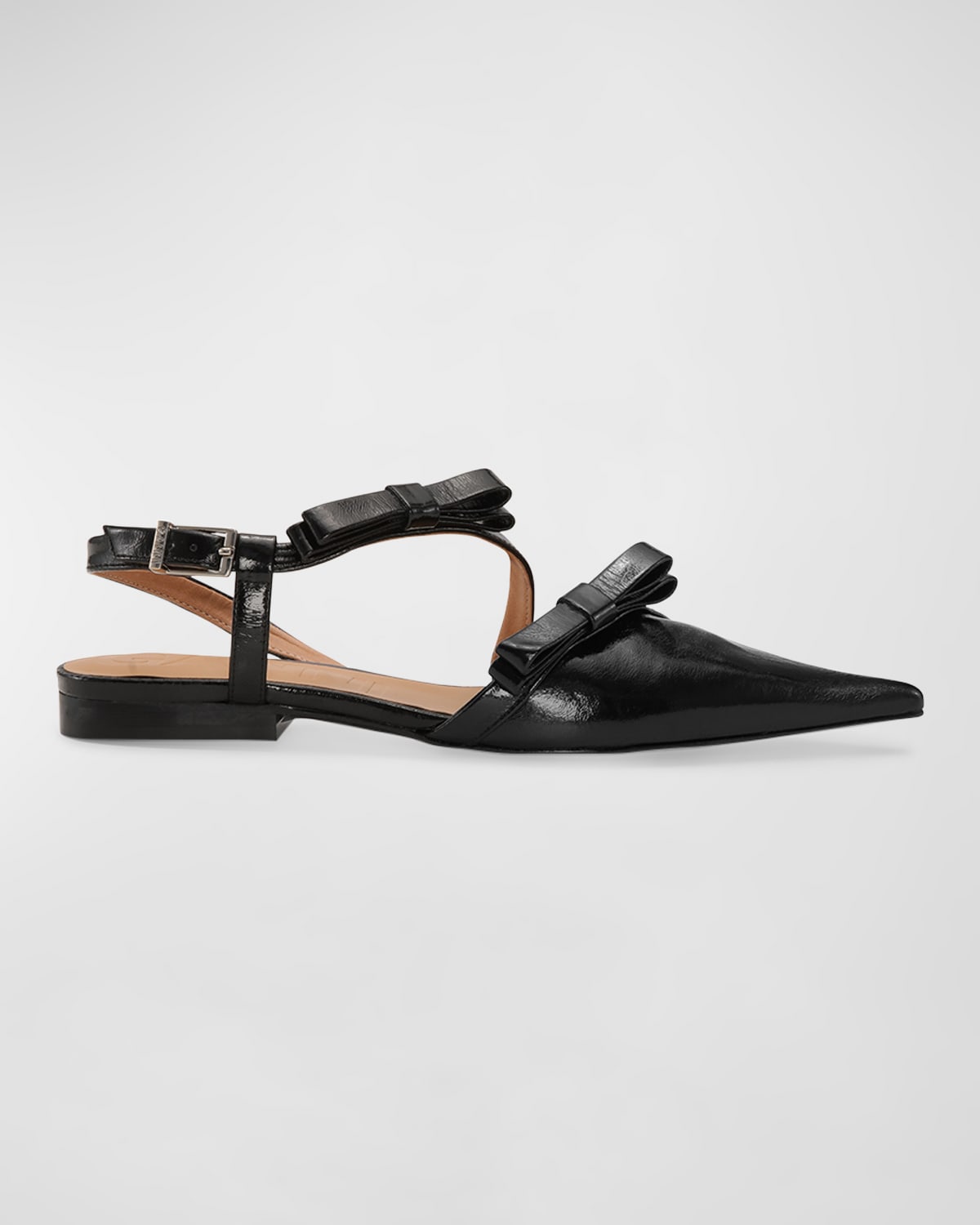 Ganni Multi Bow Pointy Cut Out Black Naplack Ballerinas In Black