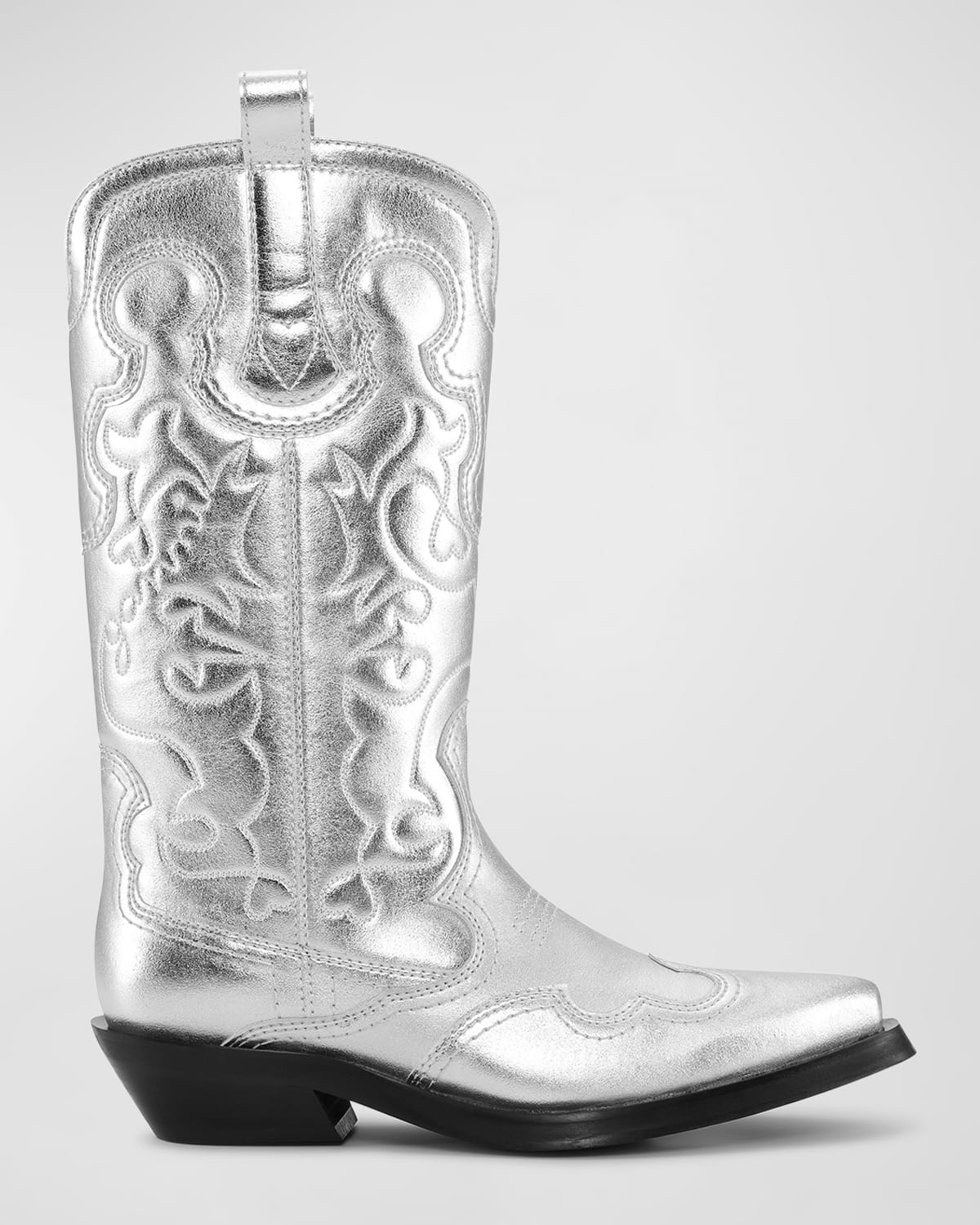 Shop Ganni Recycled Metallic Embroidered Western Boots In Silver