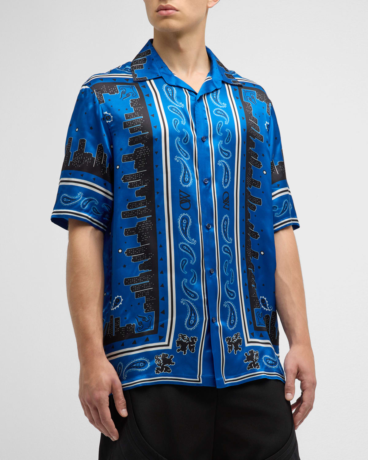 Shop Off-white Men's Bandana Viscose Bowling Shirt In Nautical Blue