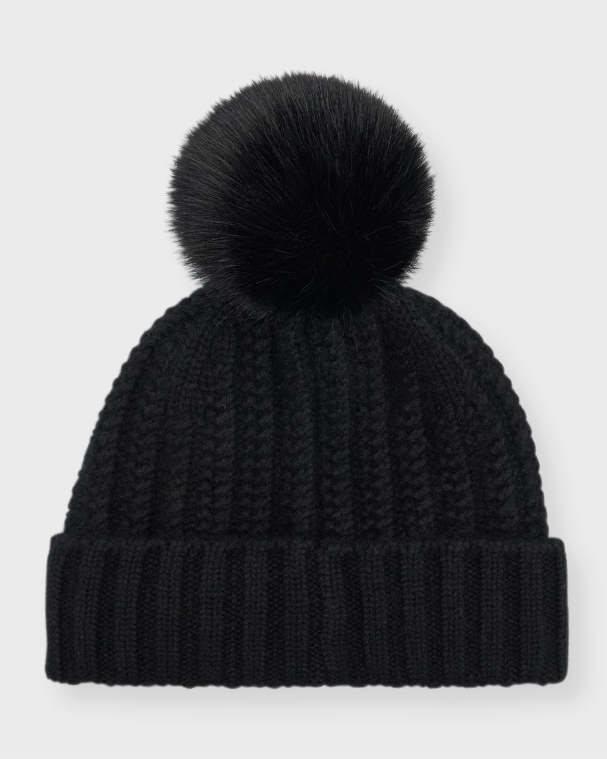 Braided Knit Cashmere Beanie With Faux Fur Pom